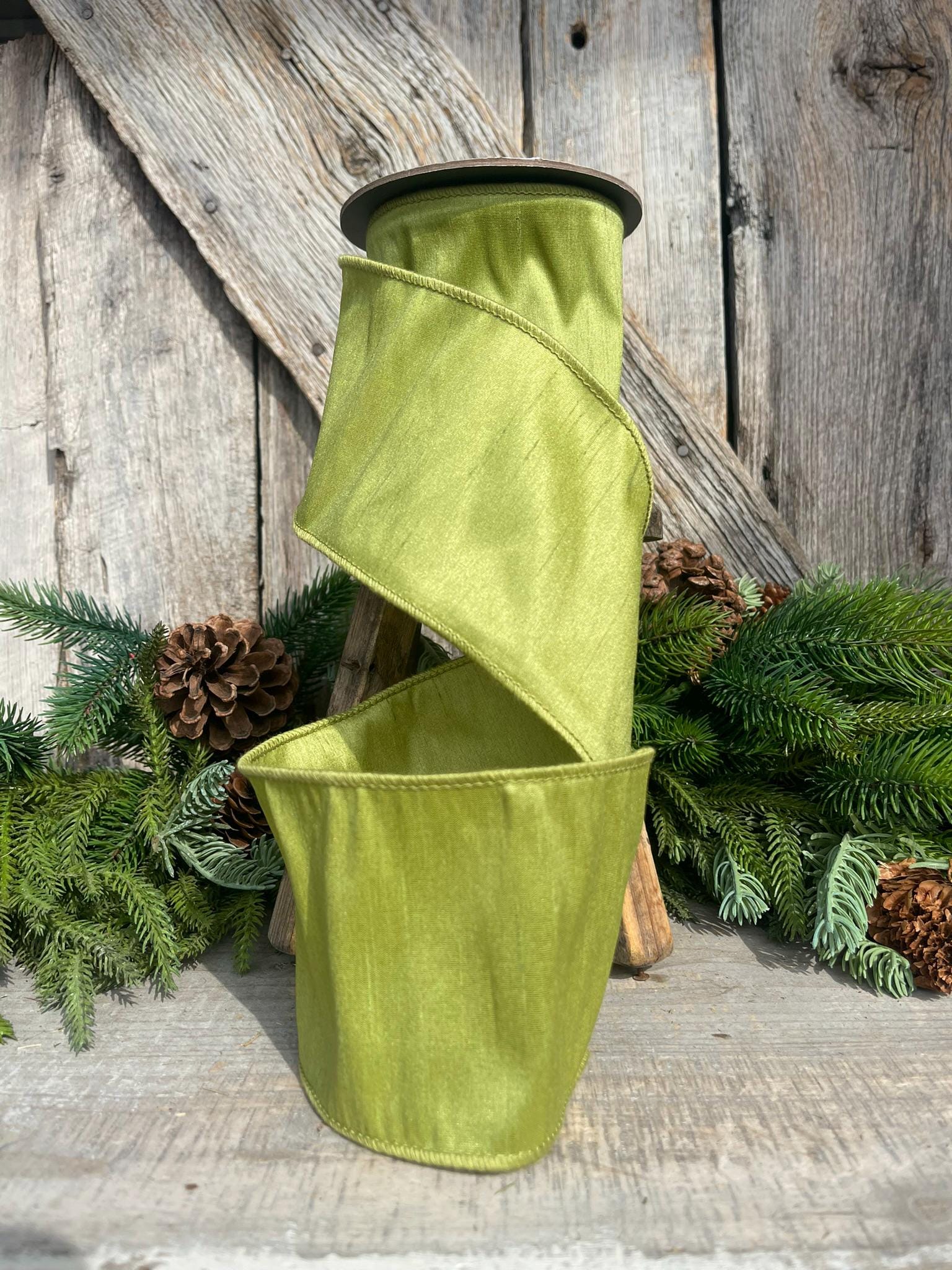 4" Moss Green Ribbon, Wired RIbbon, CHristmas RIbbon, Olive Green RIbbon, Green Grass Ribbon, Christmas Tree Ribbon, Dupioni Ribbon