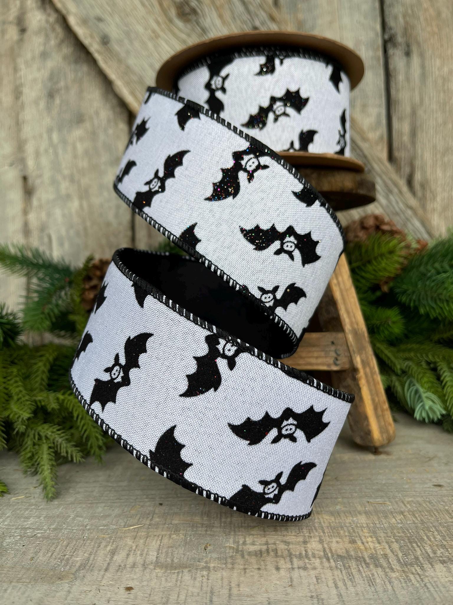 2.5" Bat Halloween Ribbon, Black White Ribbon, Glittered Bat Ribbon, Flocked RIbbon, Halloween Ribbon, Wired RIbbon