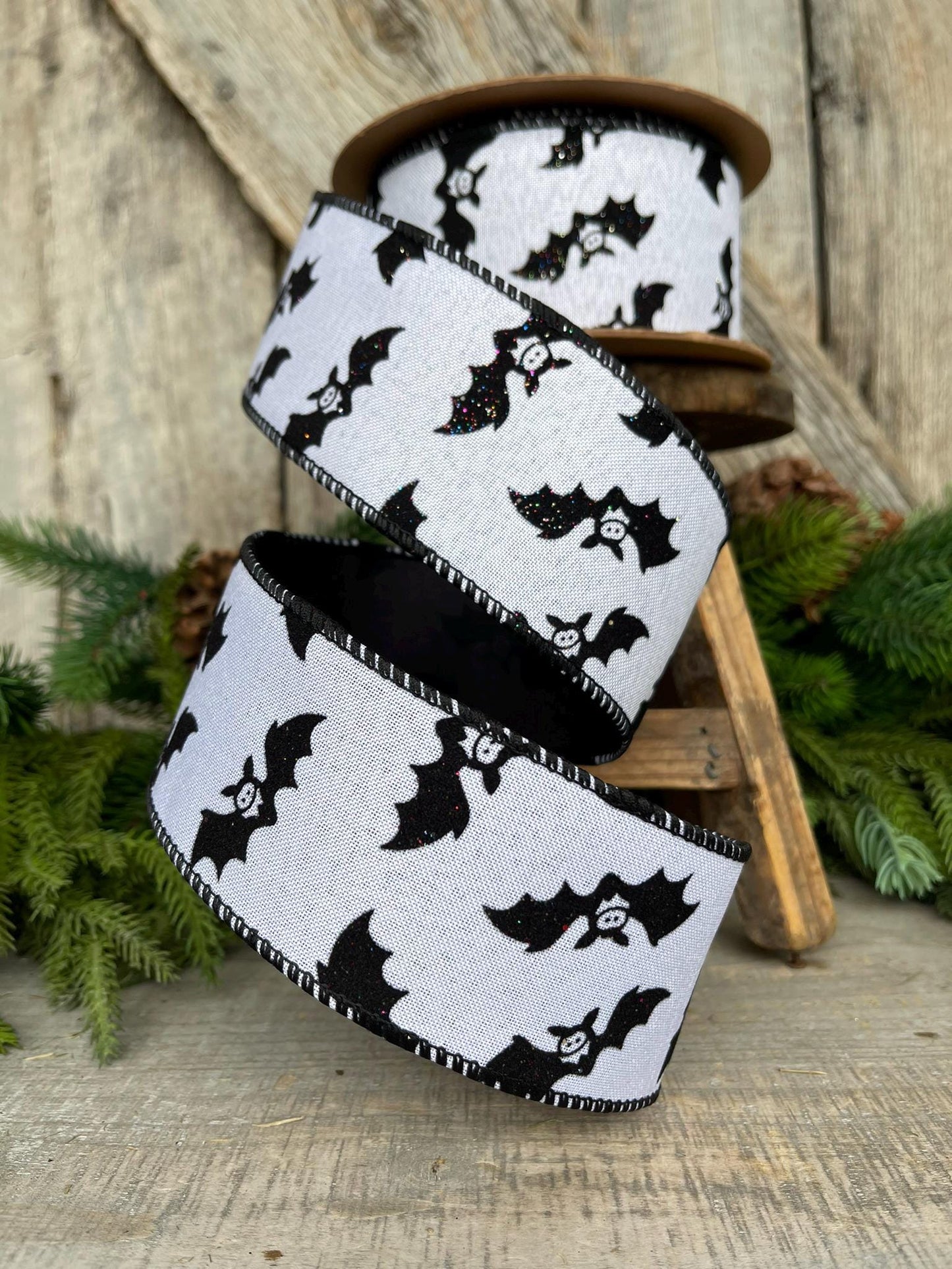 2.5" Bat Halloween Ribbon, Black White Ribbon, Glittered Bat Ribbon, Flocked RIbbon, Halloween Ribbon, Wired RIbbon