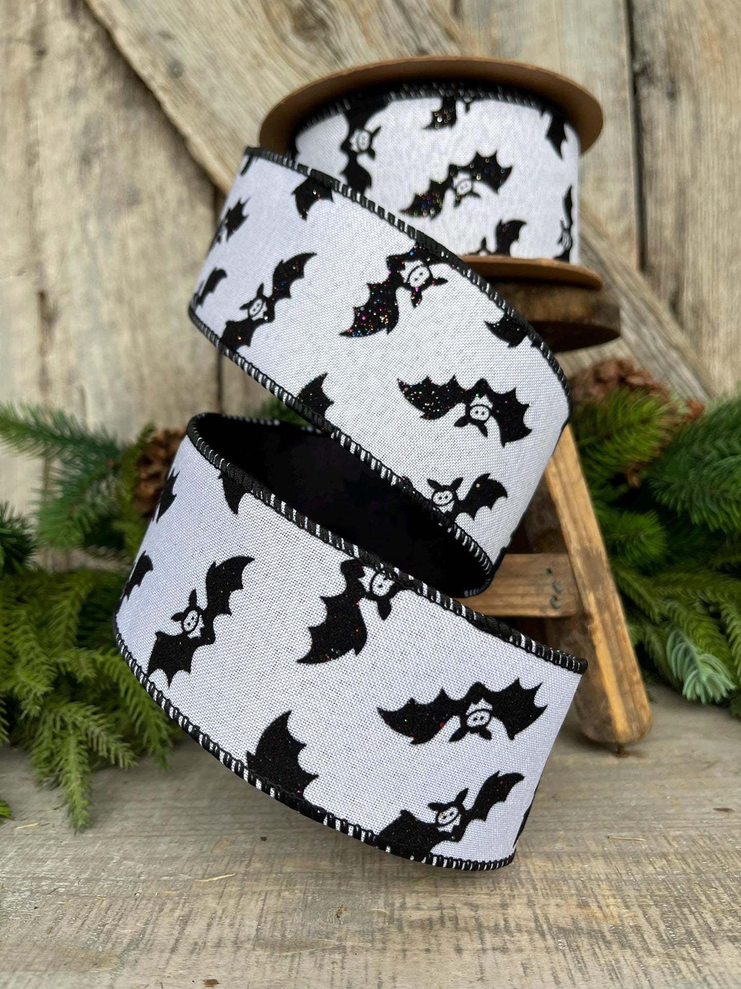 2.5" Bat Halloween Ribbon, Black White Ribbon, Glittered Bat Ribbon, Flocked RIbbon, Halloween Ribbon, Wired RIbbon