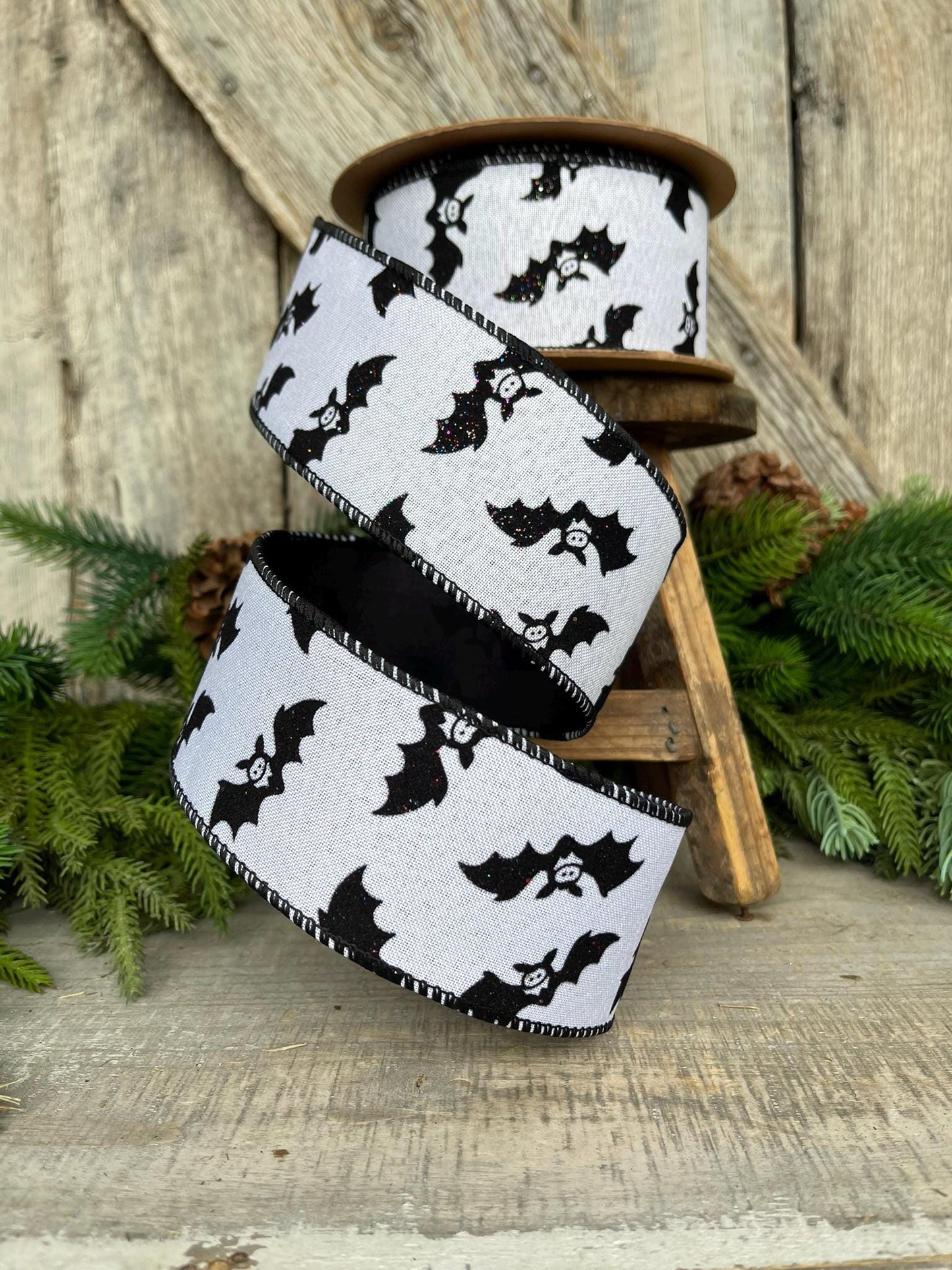 2.5" Bat Halloween Ribbon, Black White Ribbon, Glittered Bat Ribbon, Flocked RIbbon, Halloween Ribbon, Wired RIbbon