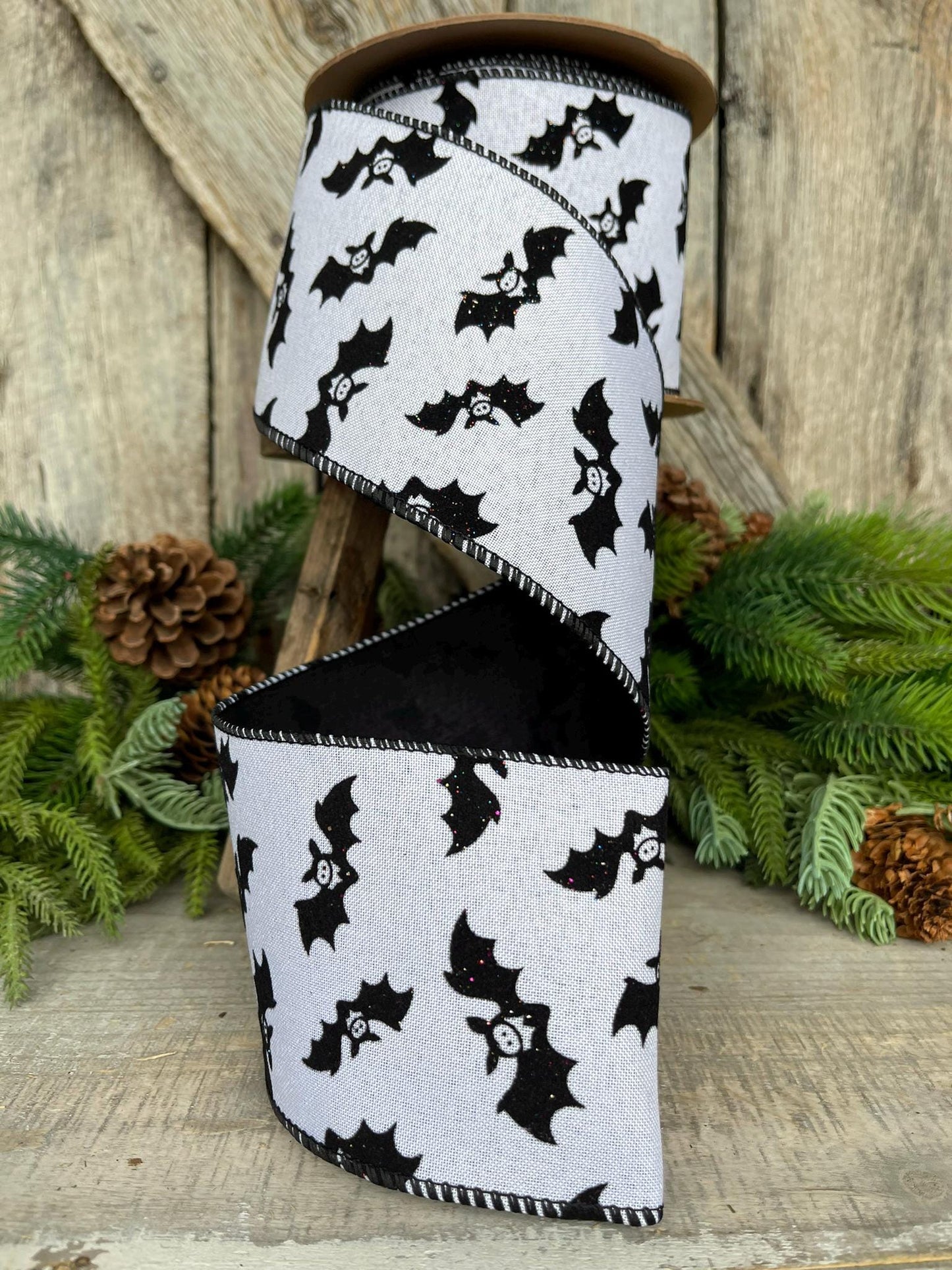 4" Bat Halloween Ribbon, Black White Ribbon