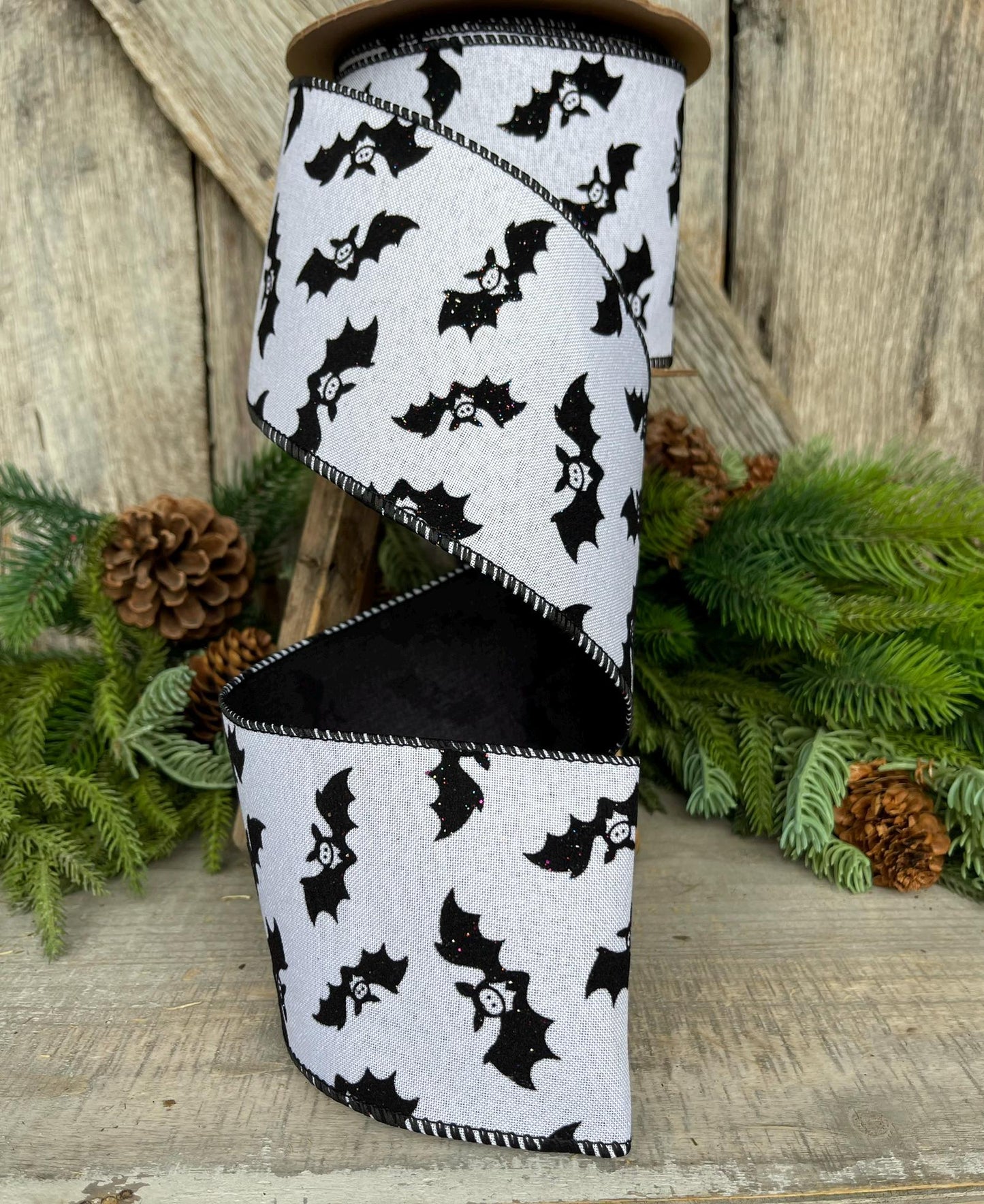 4" Bat Halloween Ribbon, Black White Ribbon, Glittered Bat Ribbon, Flocked RIbbon, Halloween Ribbon, Wired RIbbon