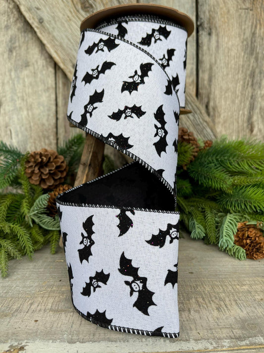 4" Bat Halloween Ribbon, Black White Ribbon, Glittered Bat Ribbon, Flocked RIbbon, Halloween Ribbon, Wired RIbbon