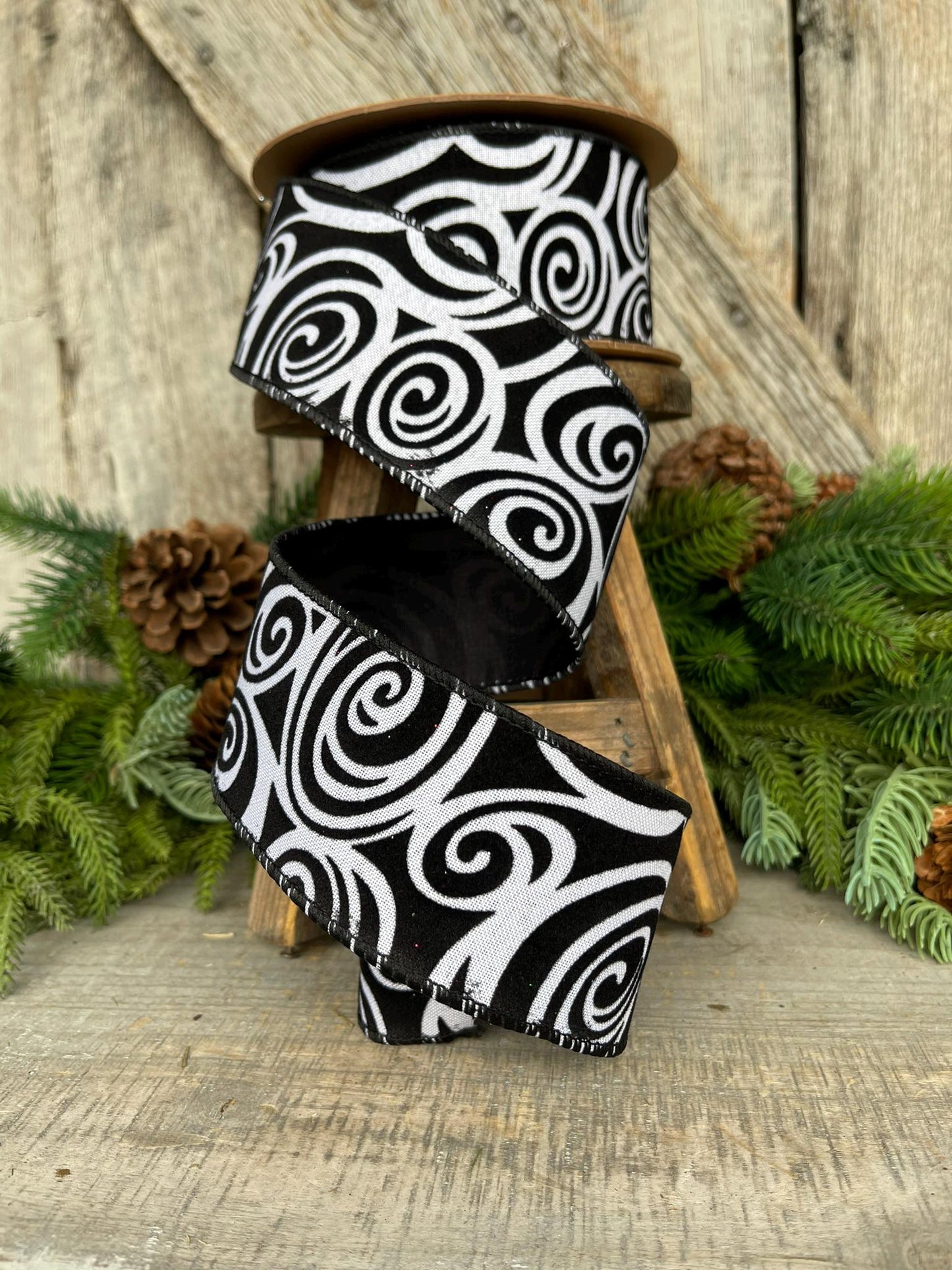 2.5" Black Swirl Ribbon, Halloween Ribbon, Black White Ribbon, Glittered Swirl Ribbon, Flocked RIbbon, Halloween Ribbon, Wired RIbbon