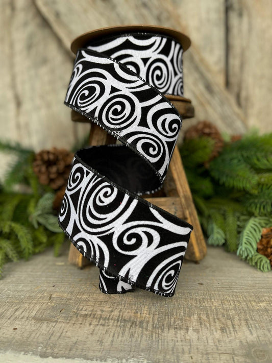 2.5" Black Swirl Ribbon, Halloween Ribbon, Black White Ribbon, Glittered Swirl Ribbon, Flocked RIbbon, Halloween Ribbon, Wired RIbbon