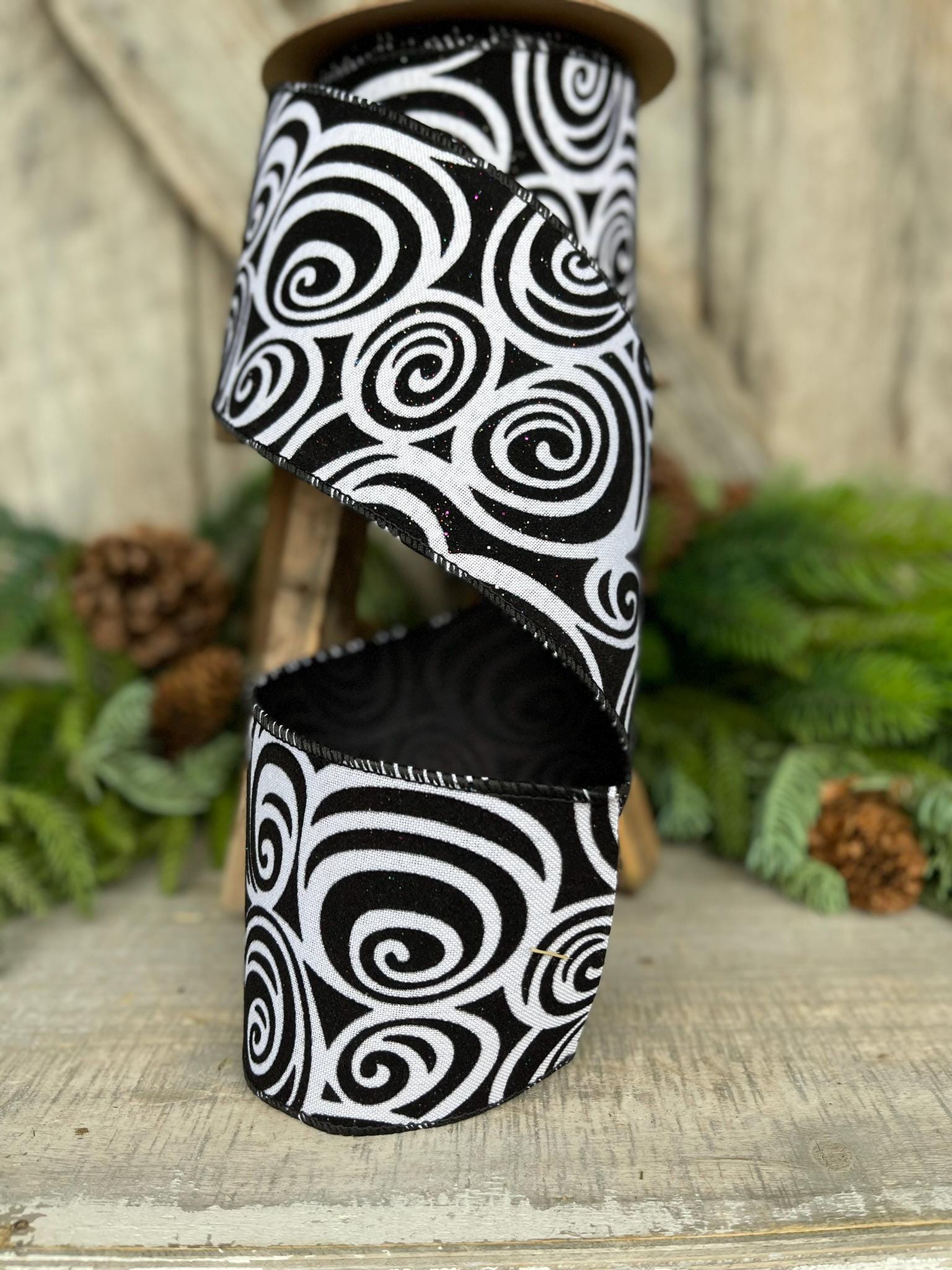 4" Black Swirl Ribbon, Halloween Ribbon, Black White Ribbon, Glittered Swirl Ribbon, Flocked RIbbon, Halloween Ribbon, Wired RIbbon