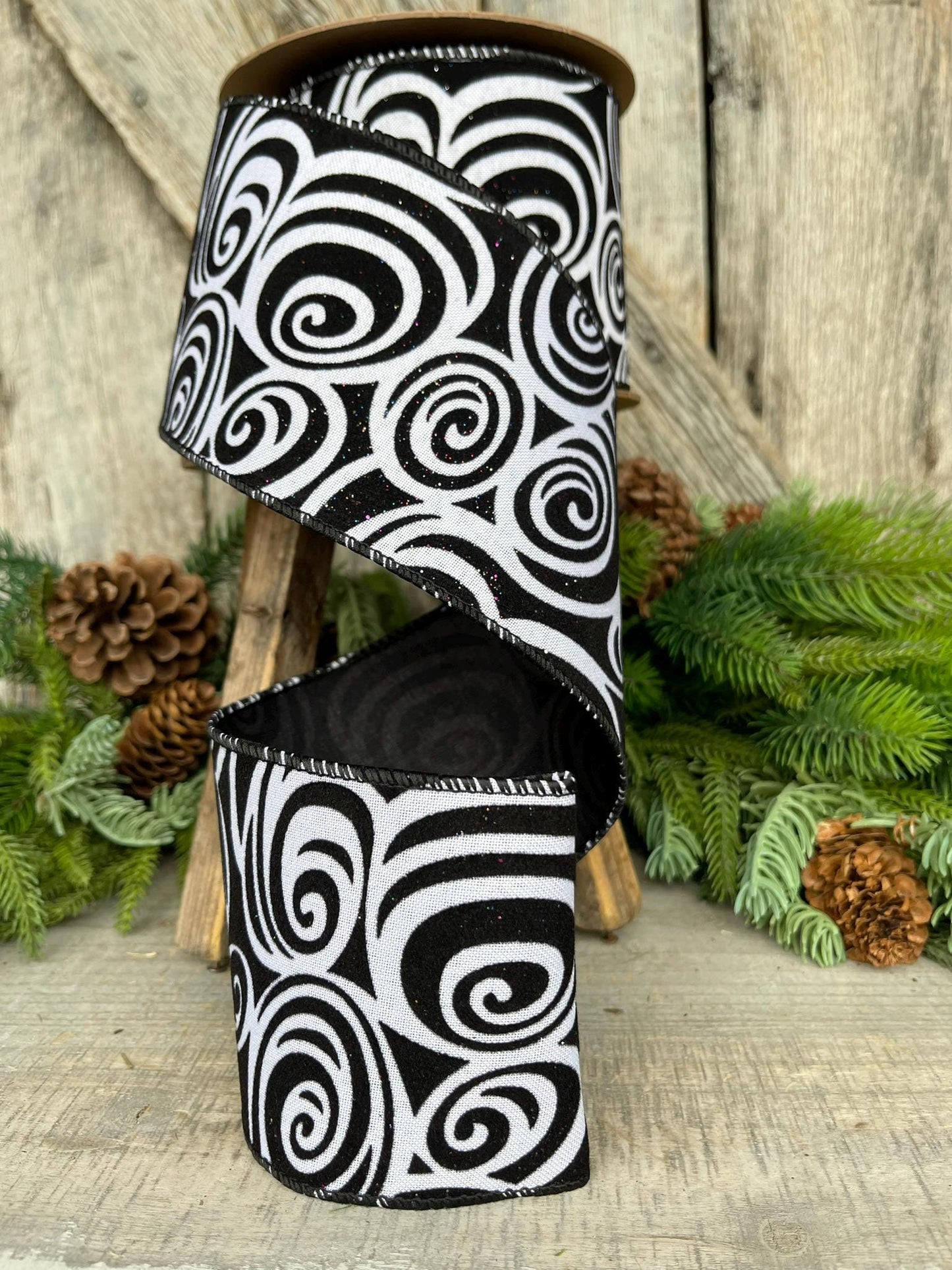 4" Black Swirl Ribbon, Halloween Ribbon