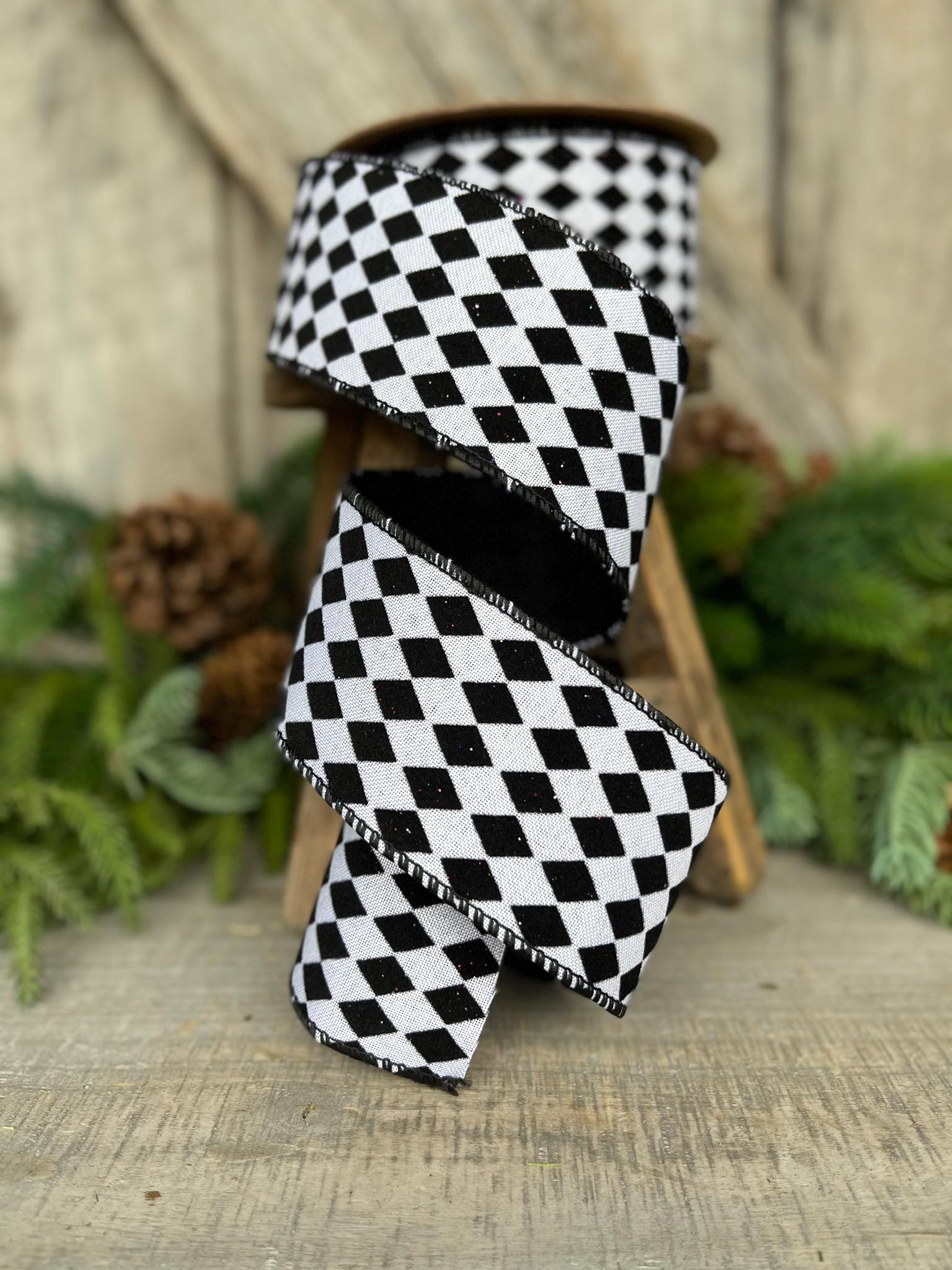 2.5" Black White Harlequin Ribbon, Flocked RIbbon, Halloween Ribbon, Harlequin Ribbon, Glittered Harlequin Ribbon, Wired Ribbon