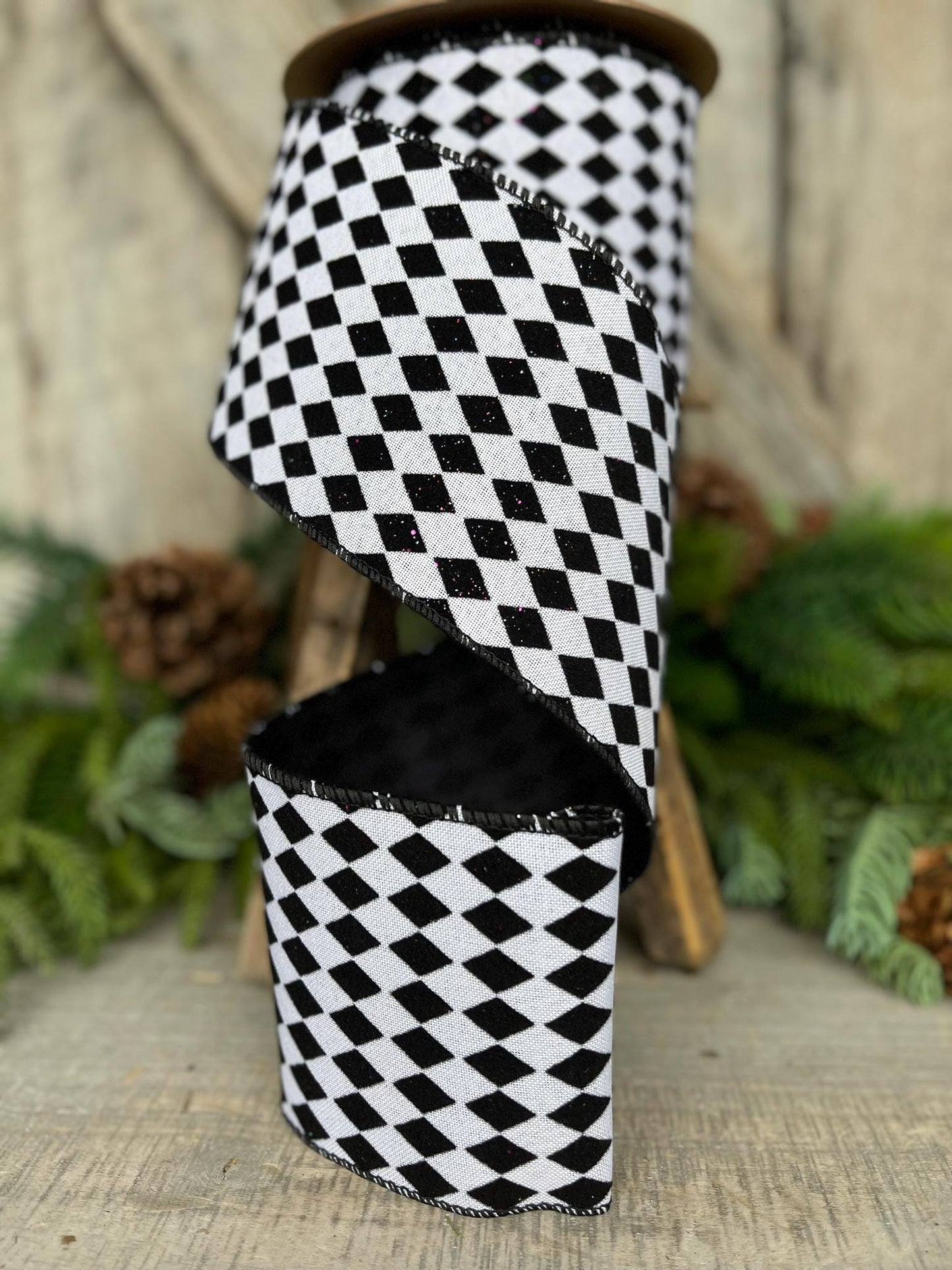 4" Black White Harlequin Ribbon, Flocked RIbbon