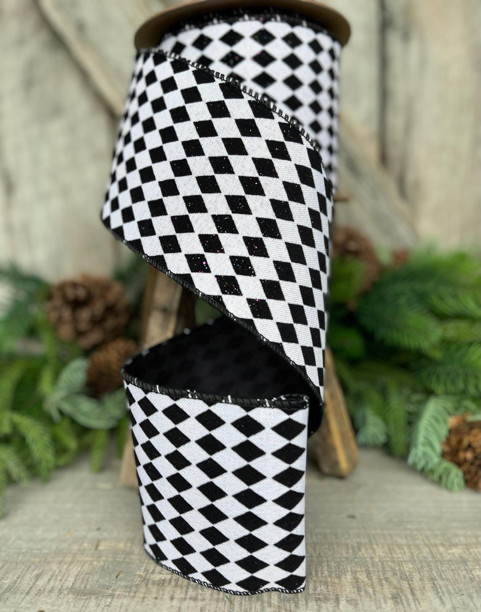 4" Black White Harlequin Ribbon, Flocked RIbbon