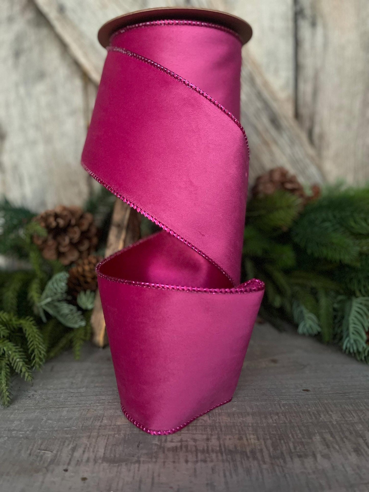 4" Hot Pink Velvet Ribbon, Wired Ribbon