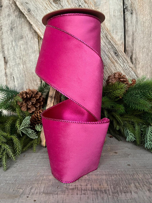 4" Hot Pink Velvet Ribbon, Wired Ribbon, Christmas Ribbon, Pink Christmas Velvet, Christmas Tree Ribbon, Pink Ribbon