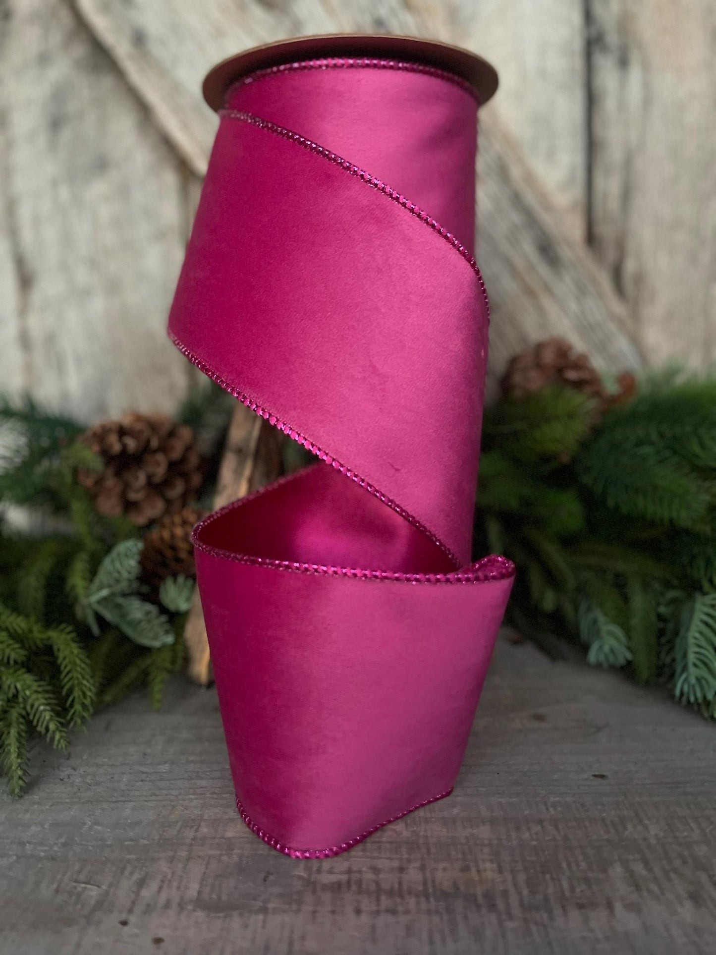 4" Hot Pink Velvet Ribbon, Wired Ribbon, Christmas Ribbon, Pink Christmas Velvet, Christmas Tree Ribbon, Pink Ribbon