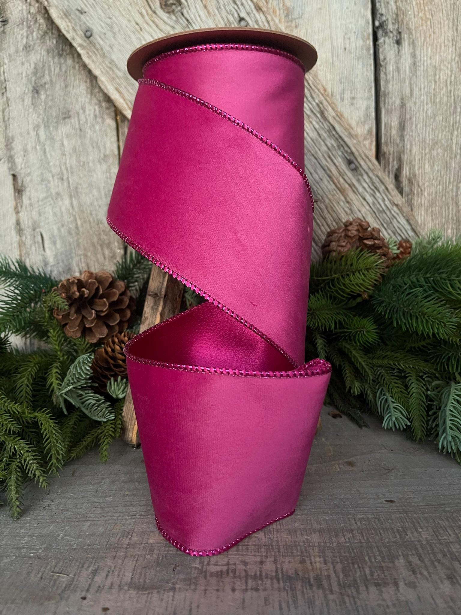 4" Hot Pink Velvet Ribbon, Wired Ribbon, Christmas Ribbon, Pink Christmas Velvet, Christmas Tree Ribbon, Pink Ribbon