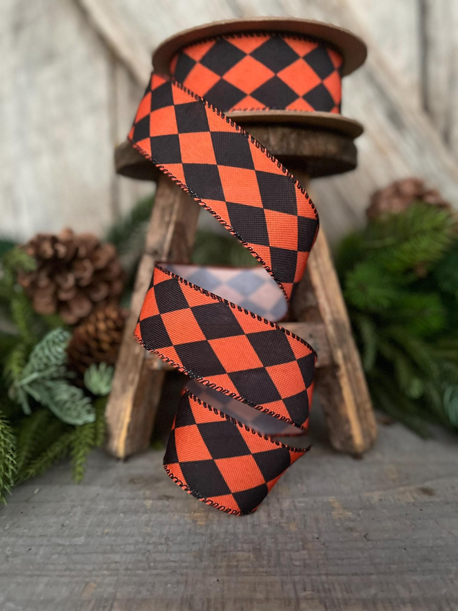 1.5" Orange Black Harlequin Ribbon, Halloween RIbbon, Wired Ribbon, Orange RIbbon, Orange BLack Diamond Ribbon, Halloween Decor