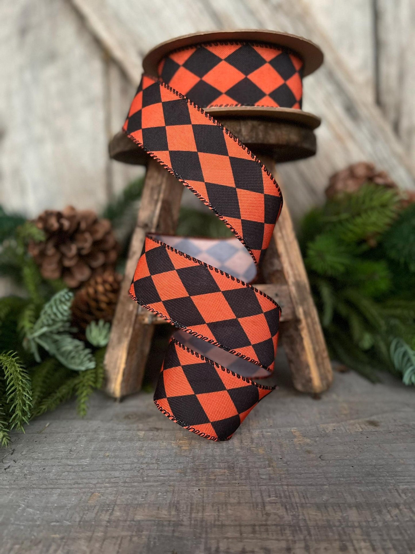 1.5" Orange Black Harlequin Ribbon, Halloween RIbbon