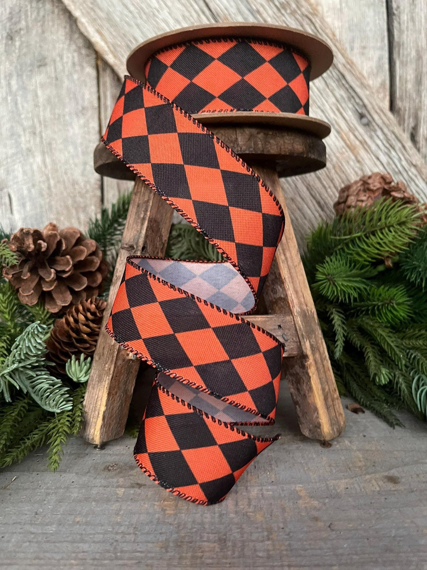 1.5" Orange Black Harlequin Ribbon, Halloween RIbbon, Wired Ribbon, Orange RIbbon, Orange BLack Diamond Ribbon, Halloween Decor