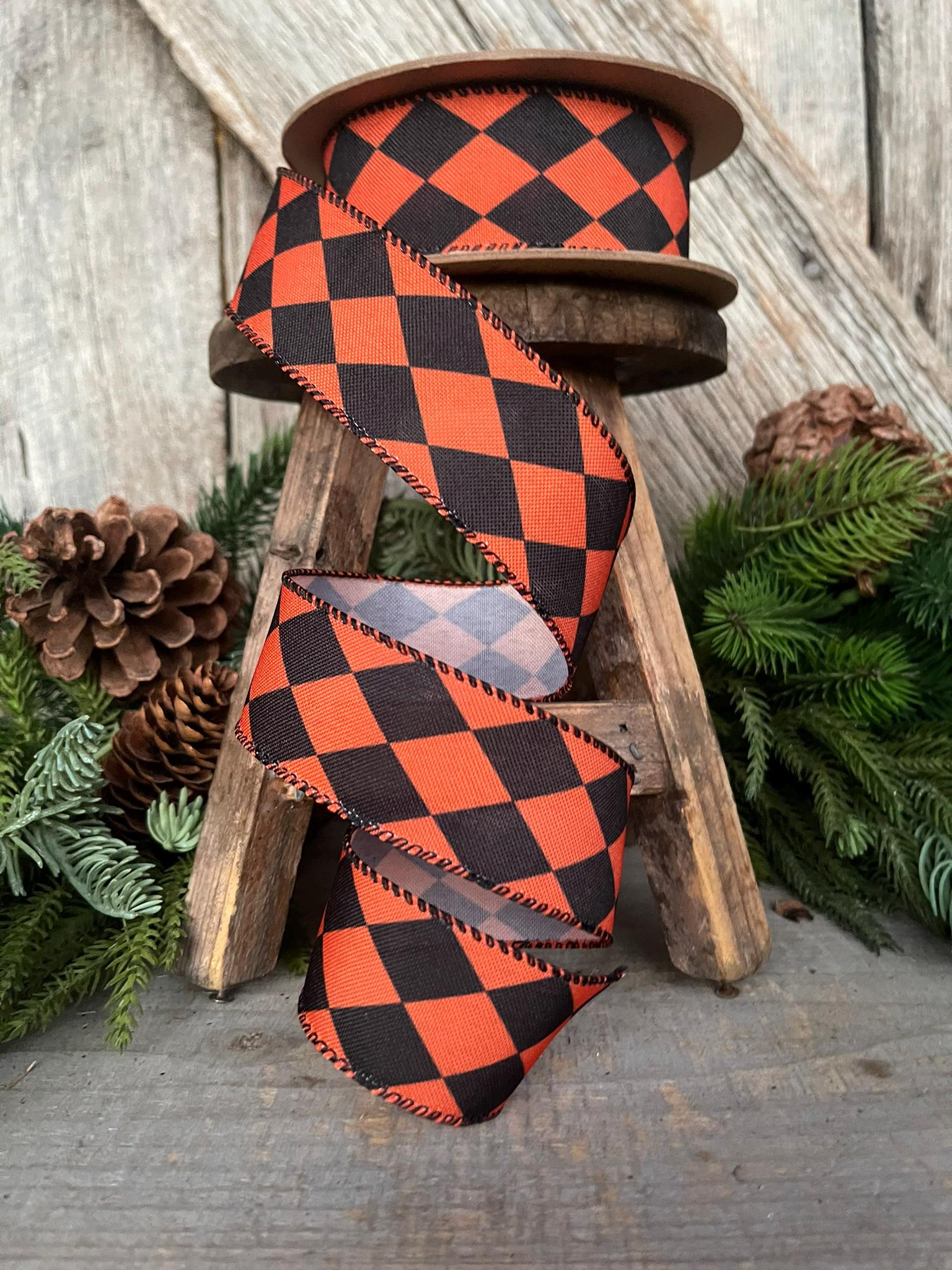 1.5" Orange Black Harlequin Ribbon, Halloween RIbbon