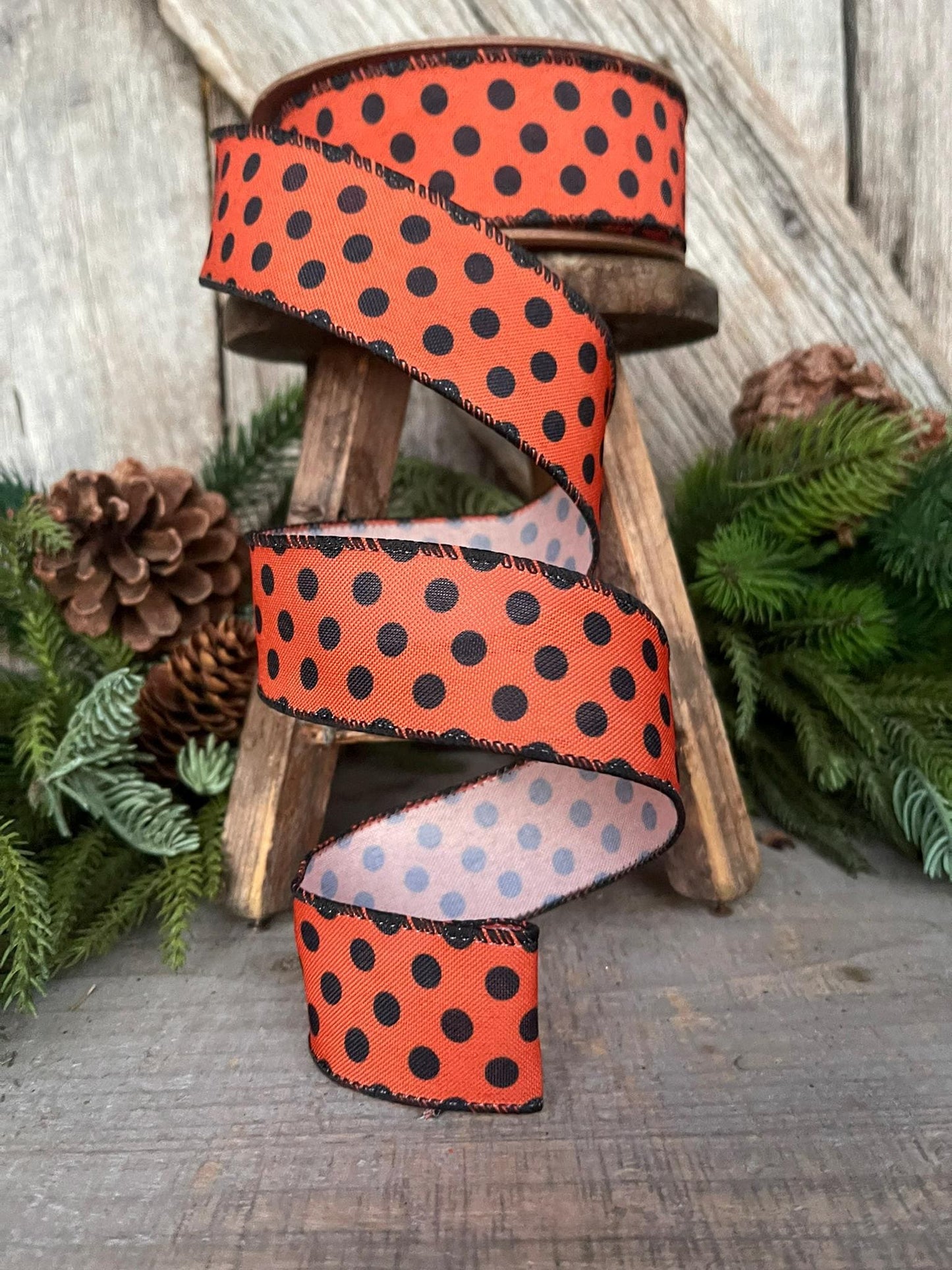 1.5" Orange Black Polka Dot Ribbon, Halloween RIbbon, Wired Ribbon, Orange RIbbon, Orange BLack Dot Ribbon, Halloween Decor