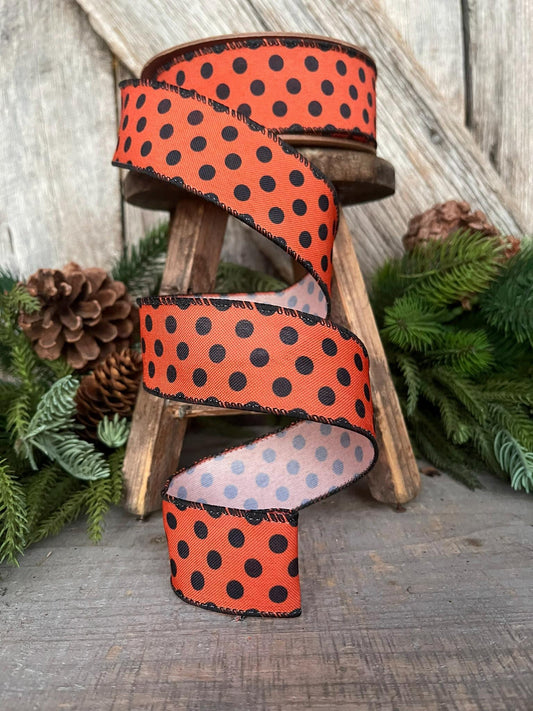 1.5" Orange Black Polka Dot Ribbon, Halloween RIbbon, Wired Ribbon, Orange RIbbon, Orange BLack Dot Ribbon, Halloween Decor