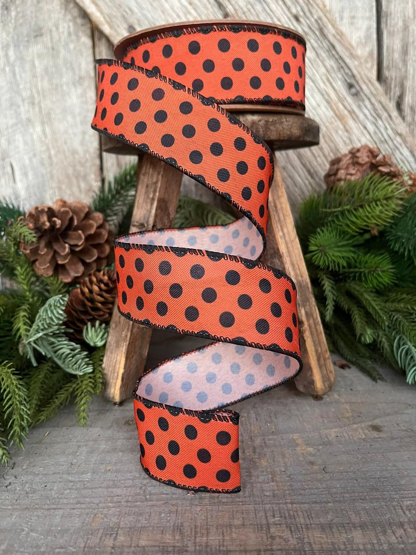 1.5" Orange Black Polka Dot Ribbon, Halloween RIbbon, Wired Ribbon, Orange RIbbon, Orange BLack Dot Ribbon, Halloween Decor