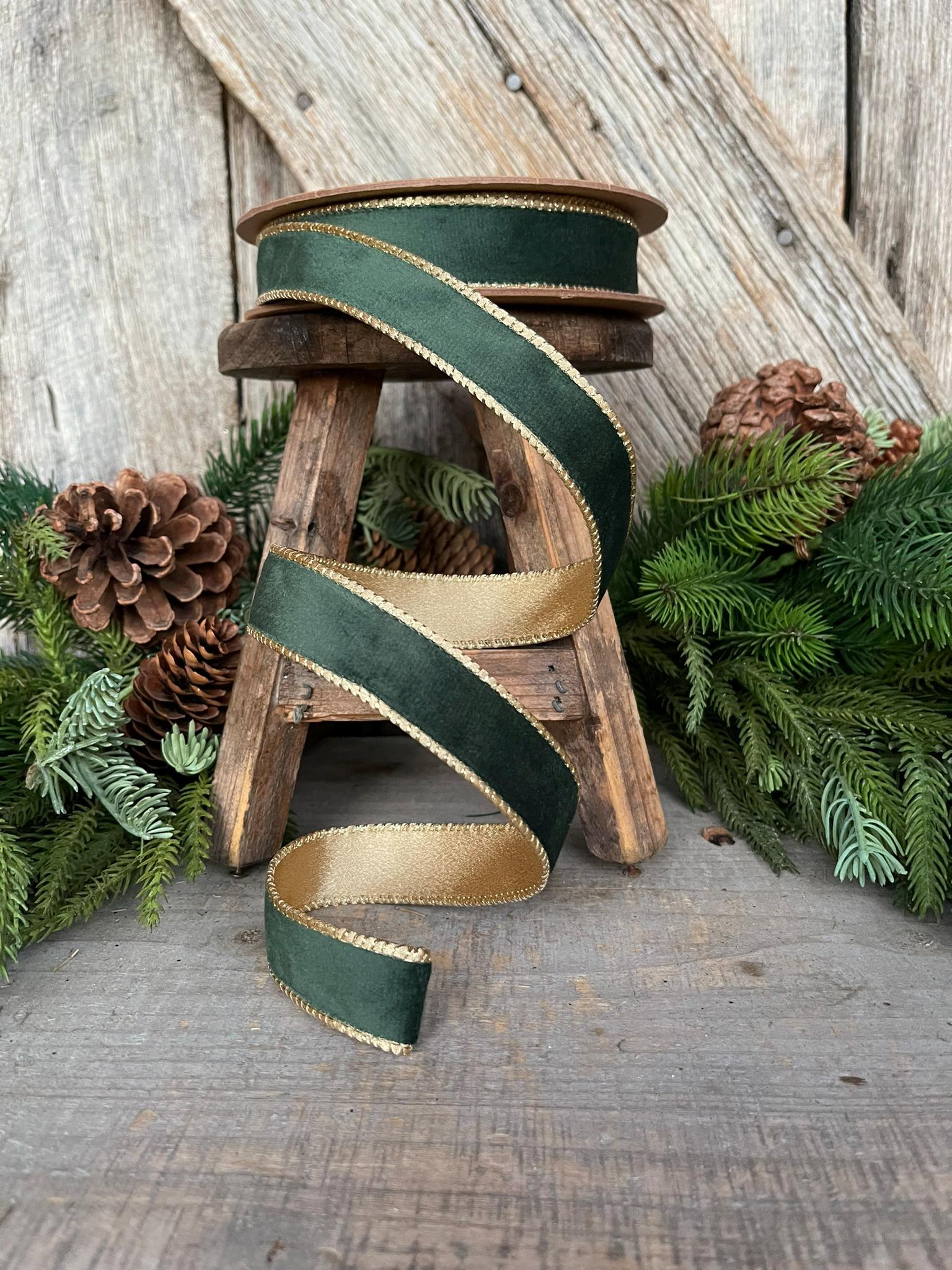 1" Green Velvet Ribbon, Green & Gold Velvet Ribbon, Christmas RIbbon, Hunter Green Velvet Ribbon, Designer Ribbon,Gift Wrap Ribbon,Christmas