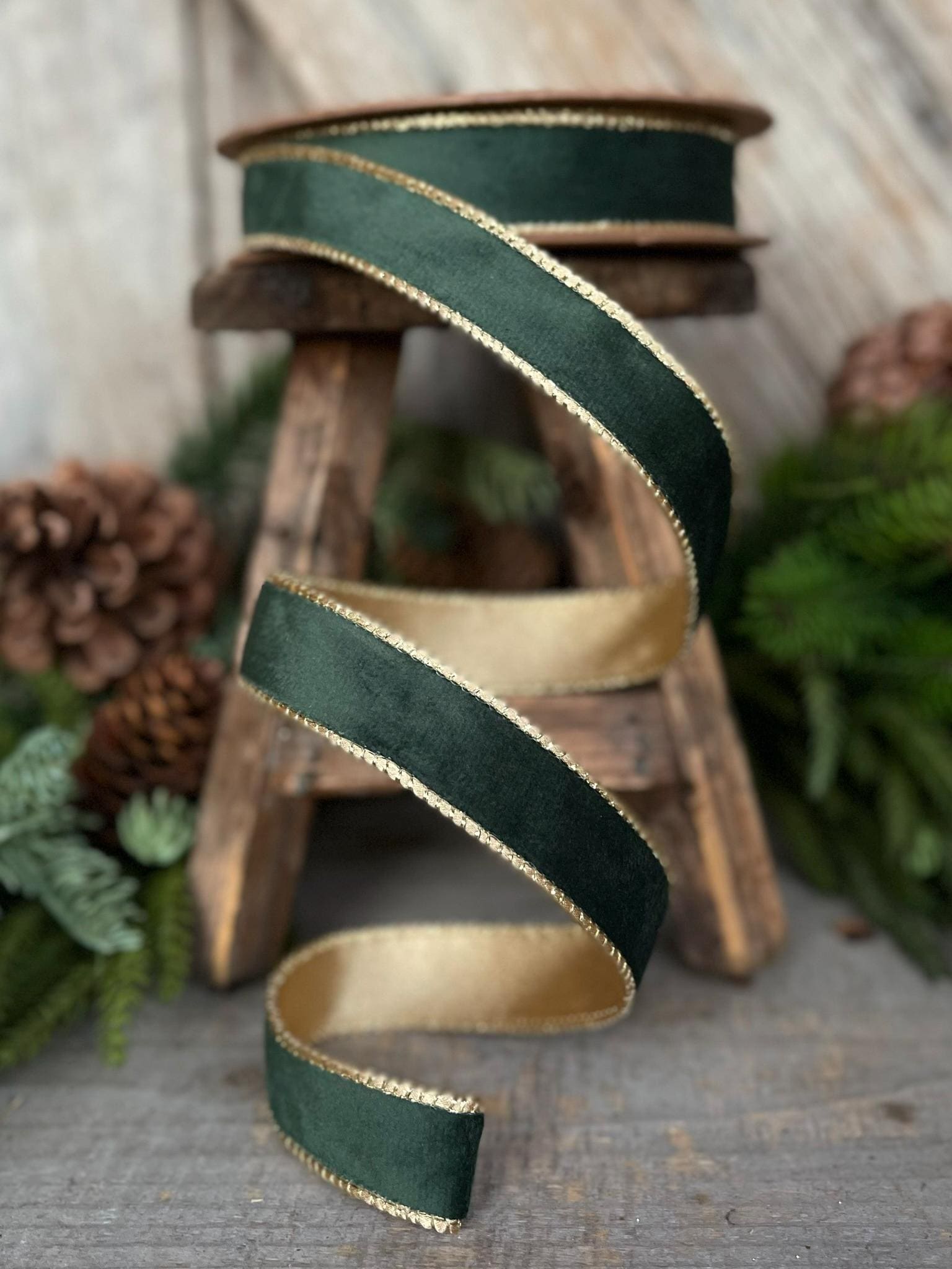 1" Green Velvet Ribbon, Green & Gold Velvet Ribbon, Christmas RIbbon, Hunter Green Velvet Ribbon, Designer Ribbon,Gift Wrap Ribbon,Christmas