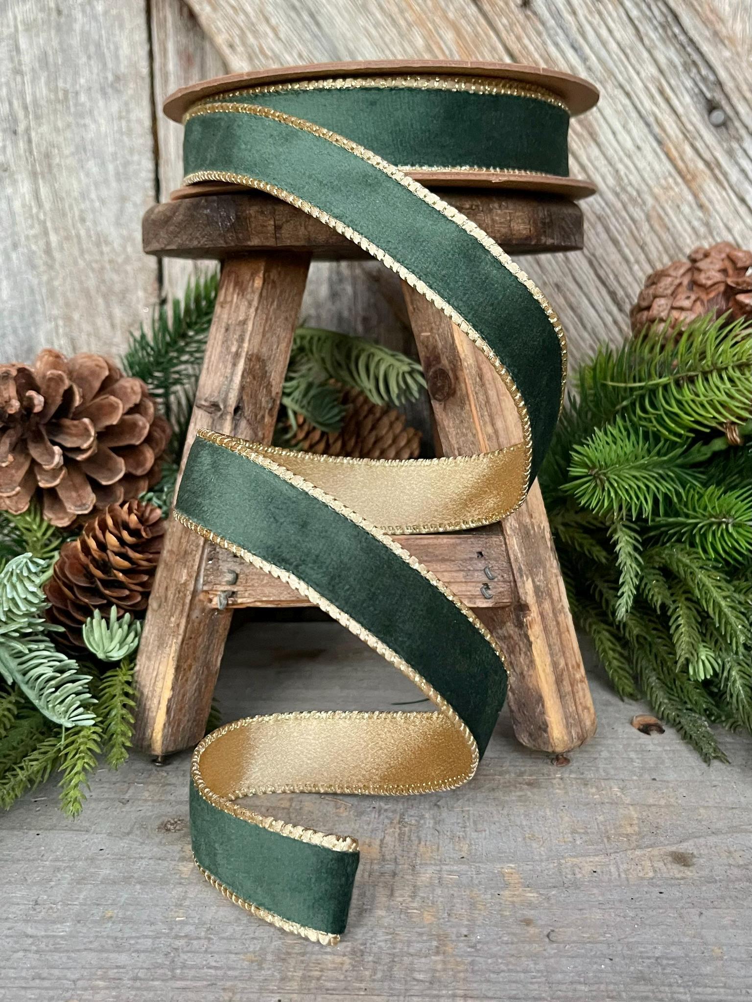 1" Green Velvet Ribbon, Green & Gold Velvet Ribbon, Christmas RIbbon, Hunter Green Velvet Ribbon, Designer Ribbon,Gift Wrap Ribbon,Christmas