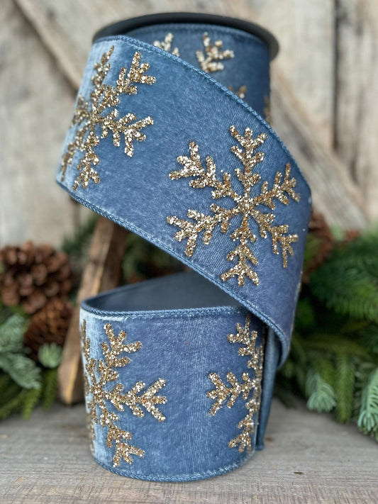 4" Steel Blue Velvet RIbbon, GLitter Snowflake RIbbon, Farrisilk Ribbon, Steel Blue Glitter Snowflake Velvet Ribbon, Blue Christmas,RG052-17