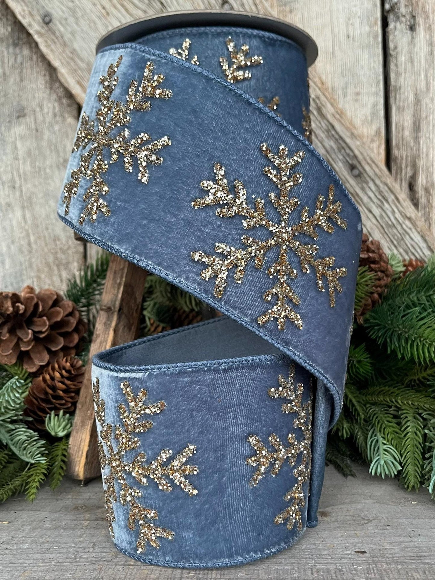 4" Steel Blue Velvet RIbbon, GLitter Snowflake RIbbon