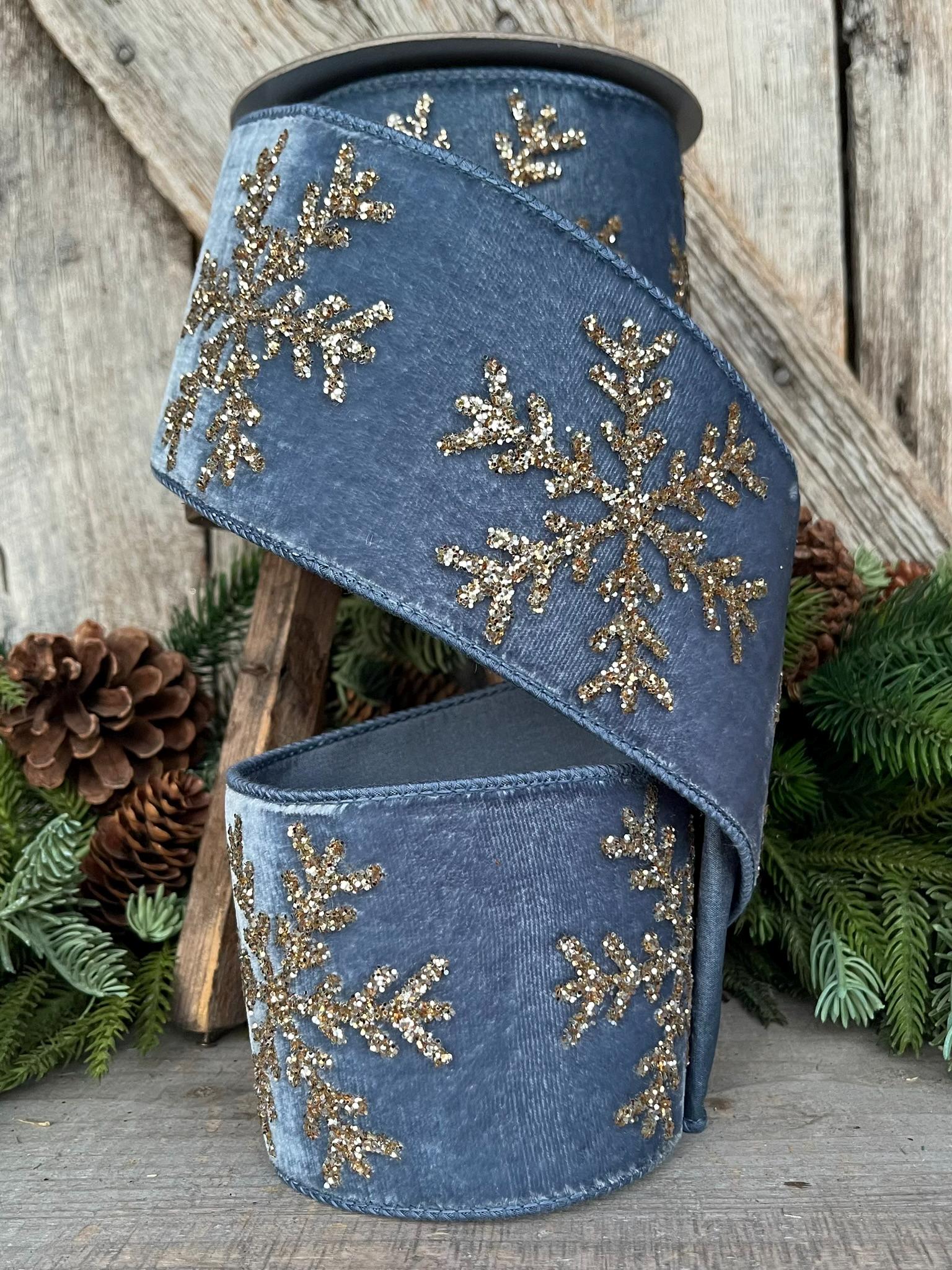 4" Steel Blue Velvet RIbbon, GLitter Snowflake RIbbon, Farrisilk Ribbon, Steel Blue Glitter Snowflake Velvet Ribbon, Blue Christmas,RG052-17