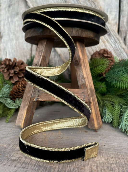 3/4" Black Flashy Velvet, Farrisilk Ribbon, Wired Ribbon, Black Velvet Ribbon, Black and Gold Velvet, Christmas Ribbon, RG074-92