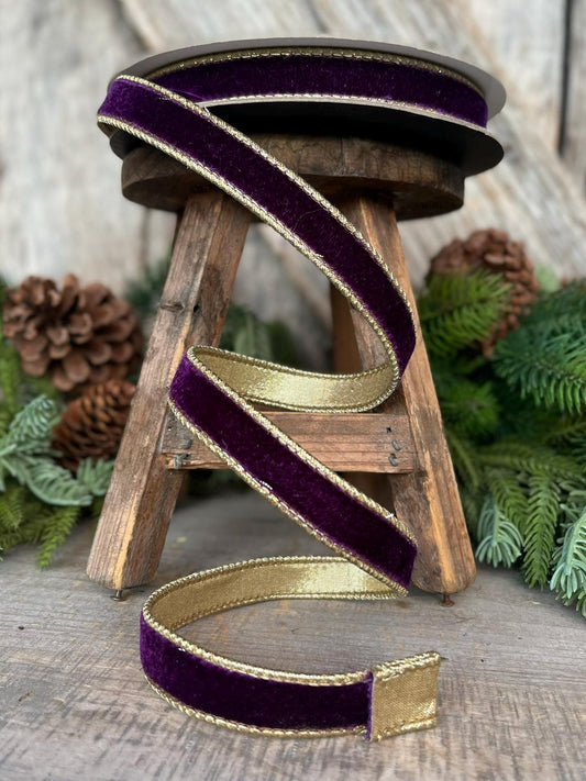 3/4" Purple Flashy Velvet, Farrisilk Ribbon, Wired Ribbon, Purple Velvet Ribbon, Purple and Gold Velvet, Christmas Ribbon, RG074-27