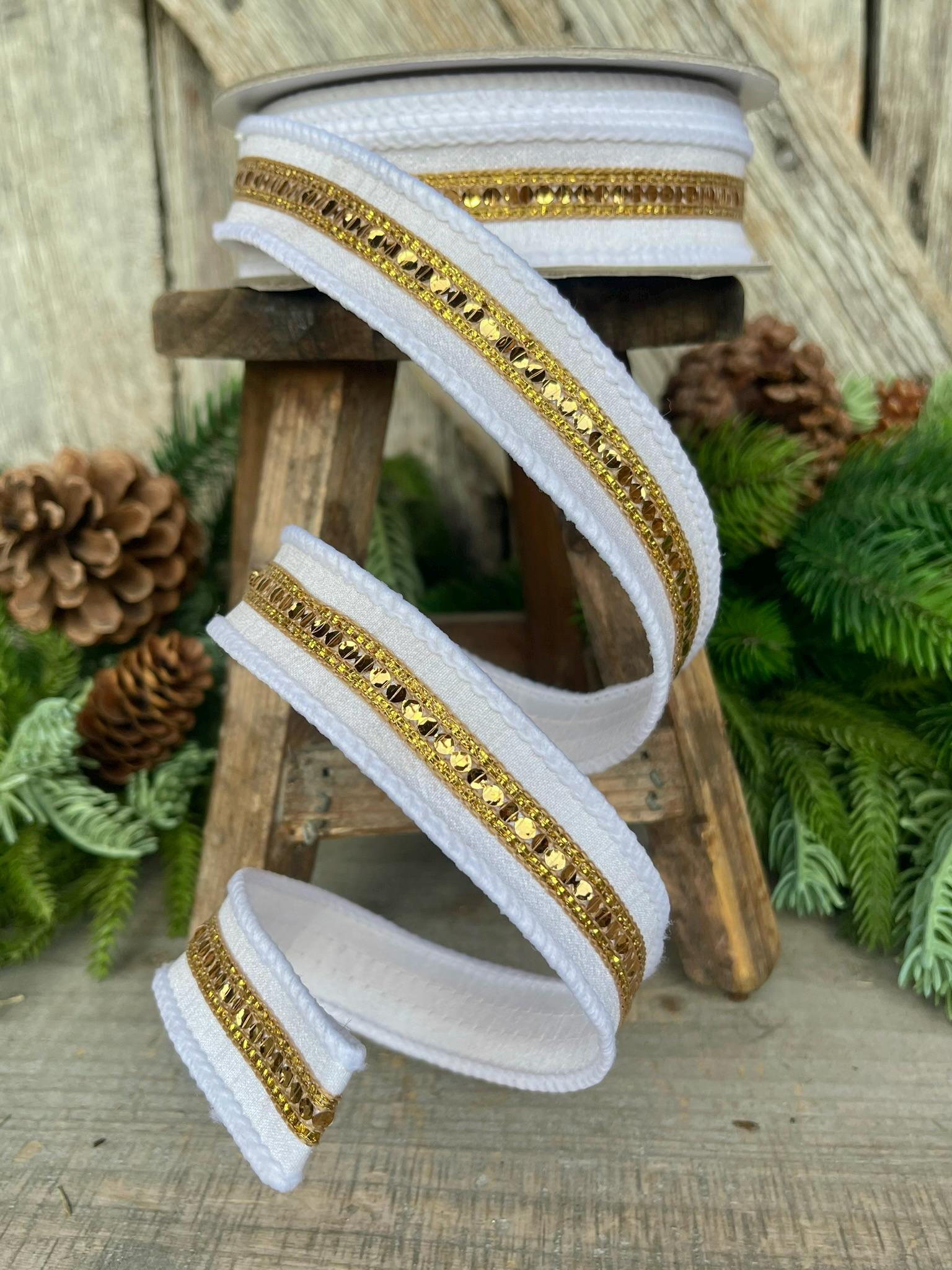 1" White Gold Twinkle Trim Ribbon, Farrisilk ribbon, Gold Jeweled RIbbon, Gold Ribbon, White Christmas Ribbon, Designer RIbbon, RK756-43