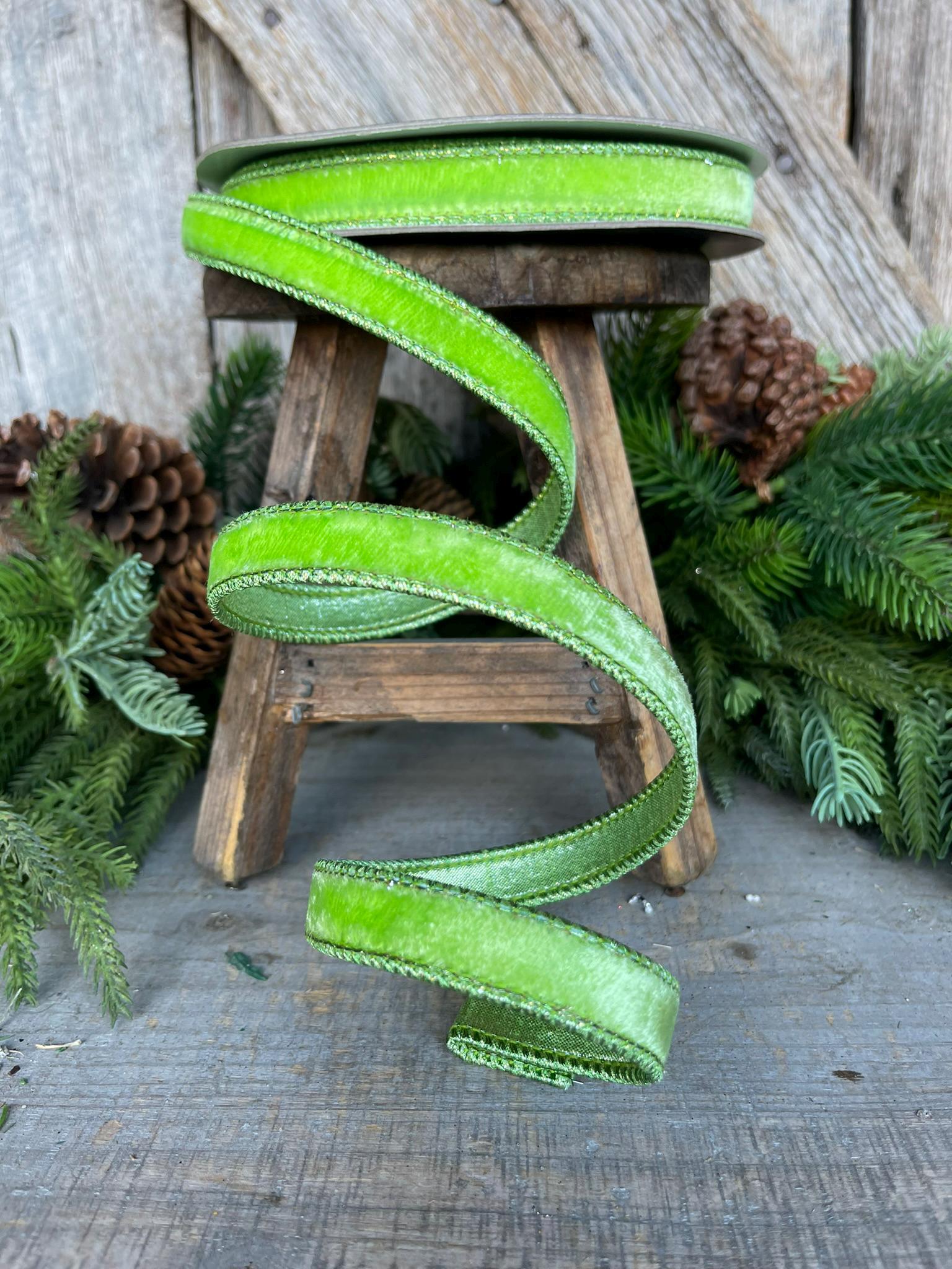 3/4" Bright Lime Green Velvet Ribbon, Farrisilk ribbon