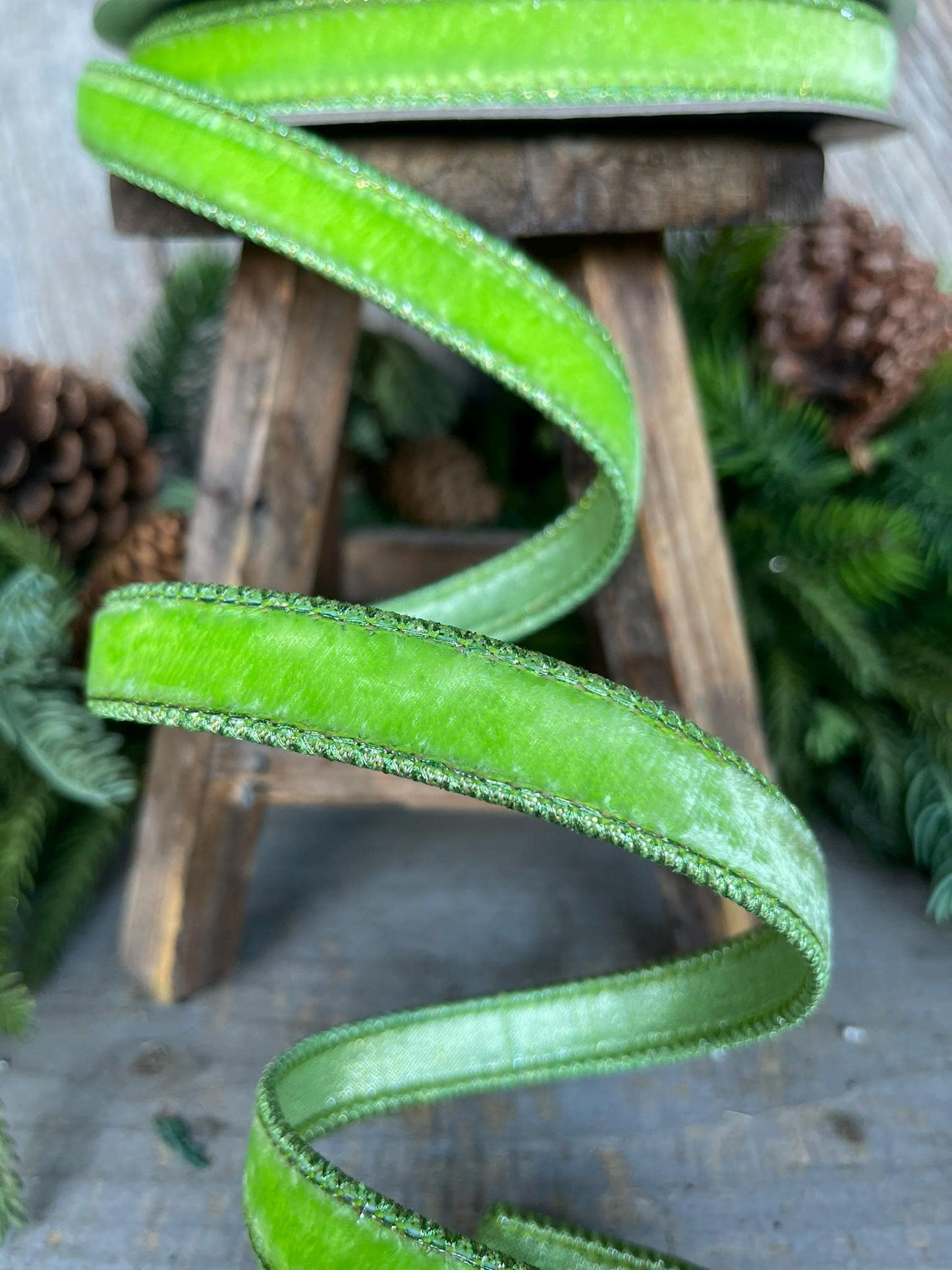 3/4" Bright Lime Green Velvet Ribbon, Farrisilk ribbon