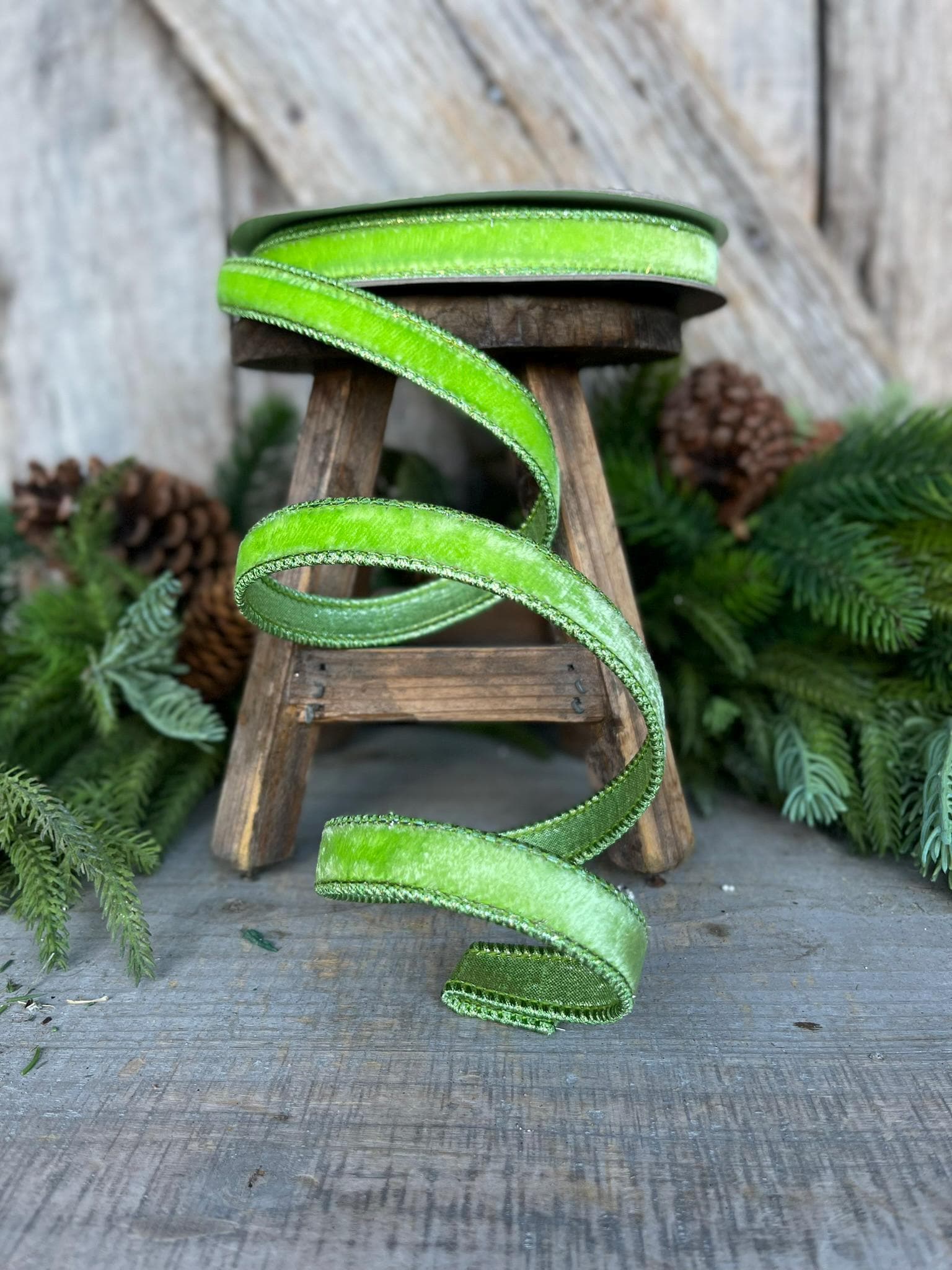 3/4" Bright Lime Green Velvet Ribbon, Farrisilk ribbon