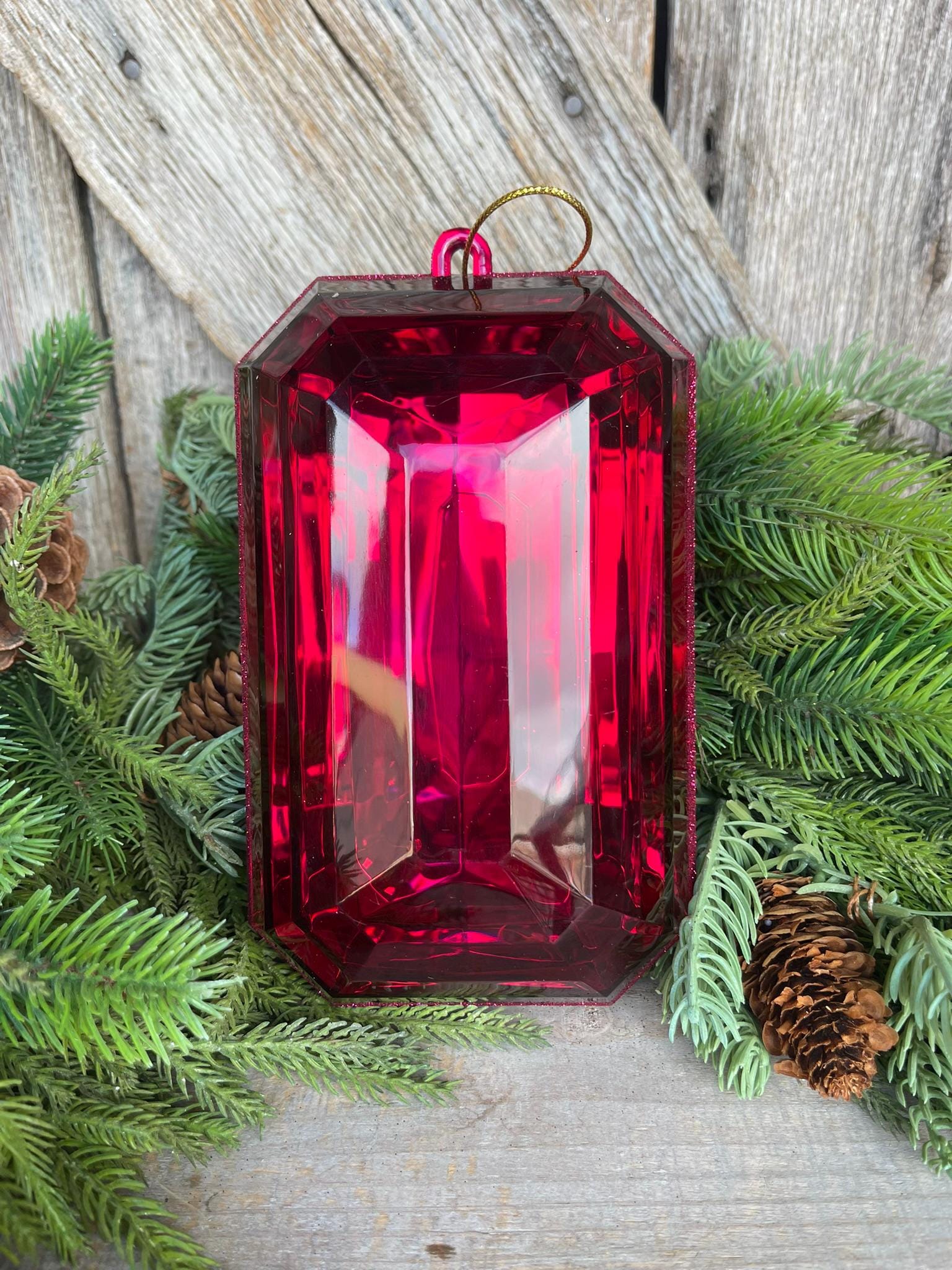 8" Burgundy Rectangle Jewel, Christmas Jewel Ornament