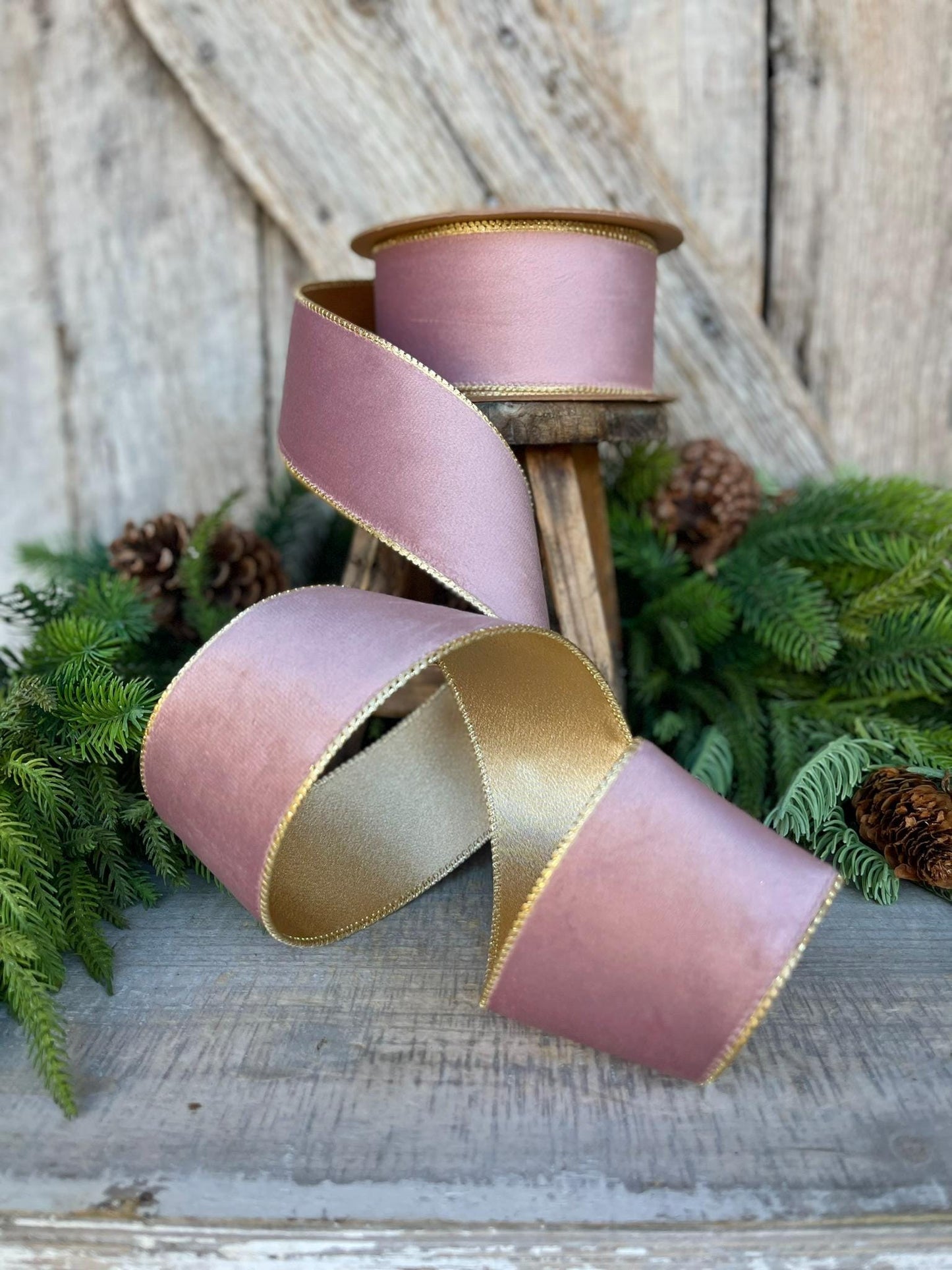 2.5" Dusty Pink Velvet Ribbon, Pink & Gold Velvet Ribbon, Wired Ribbon, Christmas Ribbon, Pink Christmas RIbbon, Dusty Rose Velvet