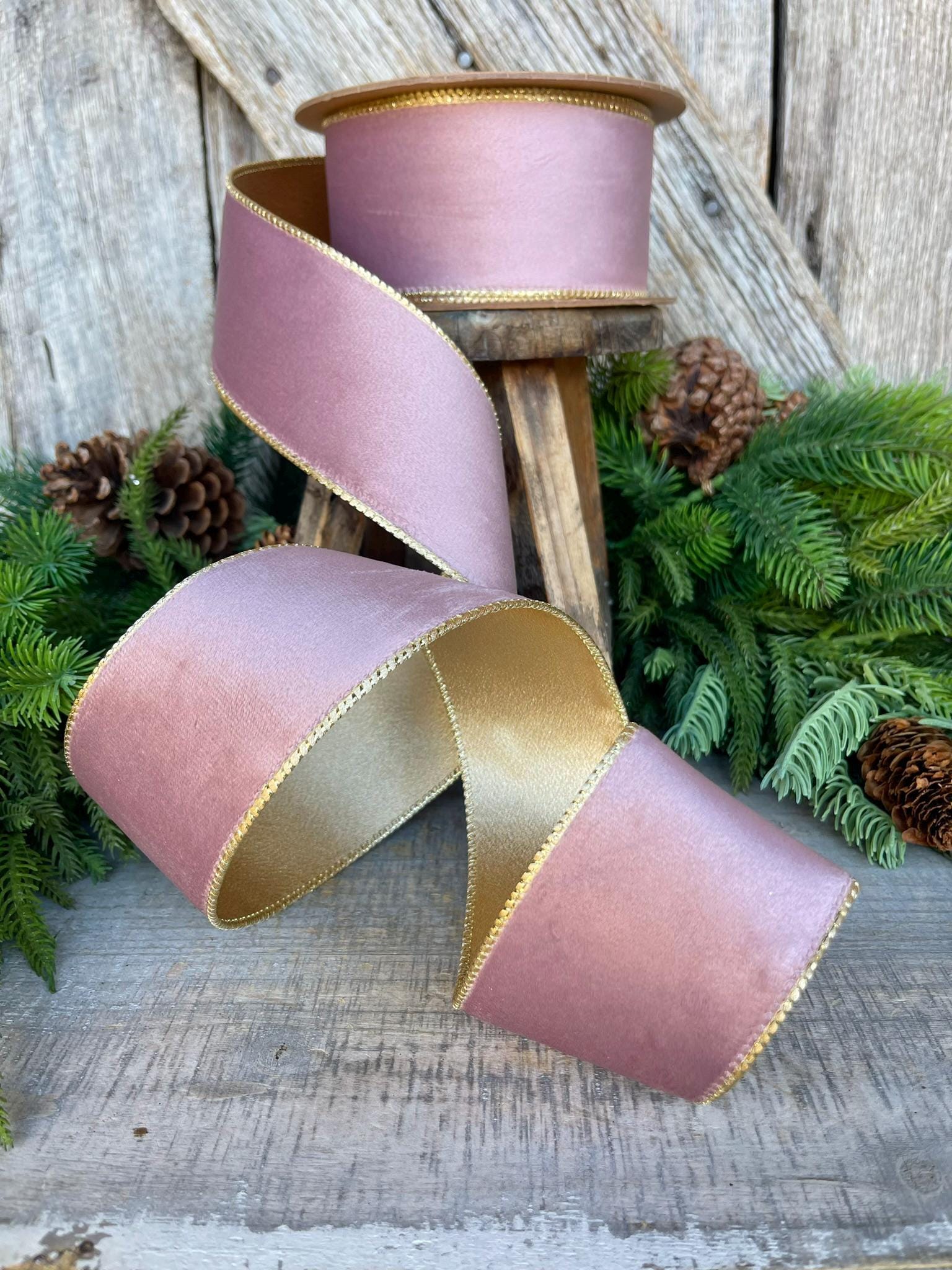 2.5" Dusty Pink Velvet Ribbon, Pink & Gold Velvet Ribbon, Wired Ribbon, Christmas Ribbon, Pink Christmas RIbbon, Dusty Rose Velvet