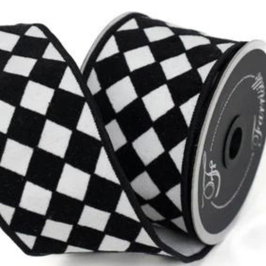 2.5" Black and White Retro Harlequin Ribbon, Farrisilk Ribbon, Flocked Ribbon,Halloween Ribbon, Wired RIbbon,Designer Ribbon, RK591-92