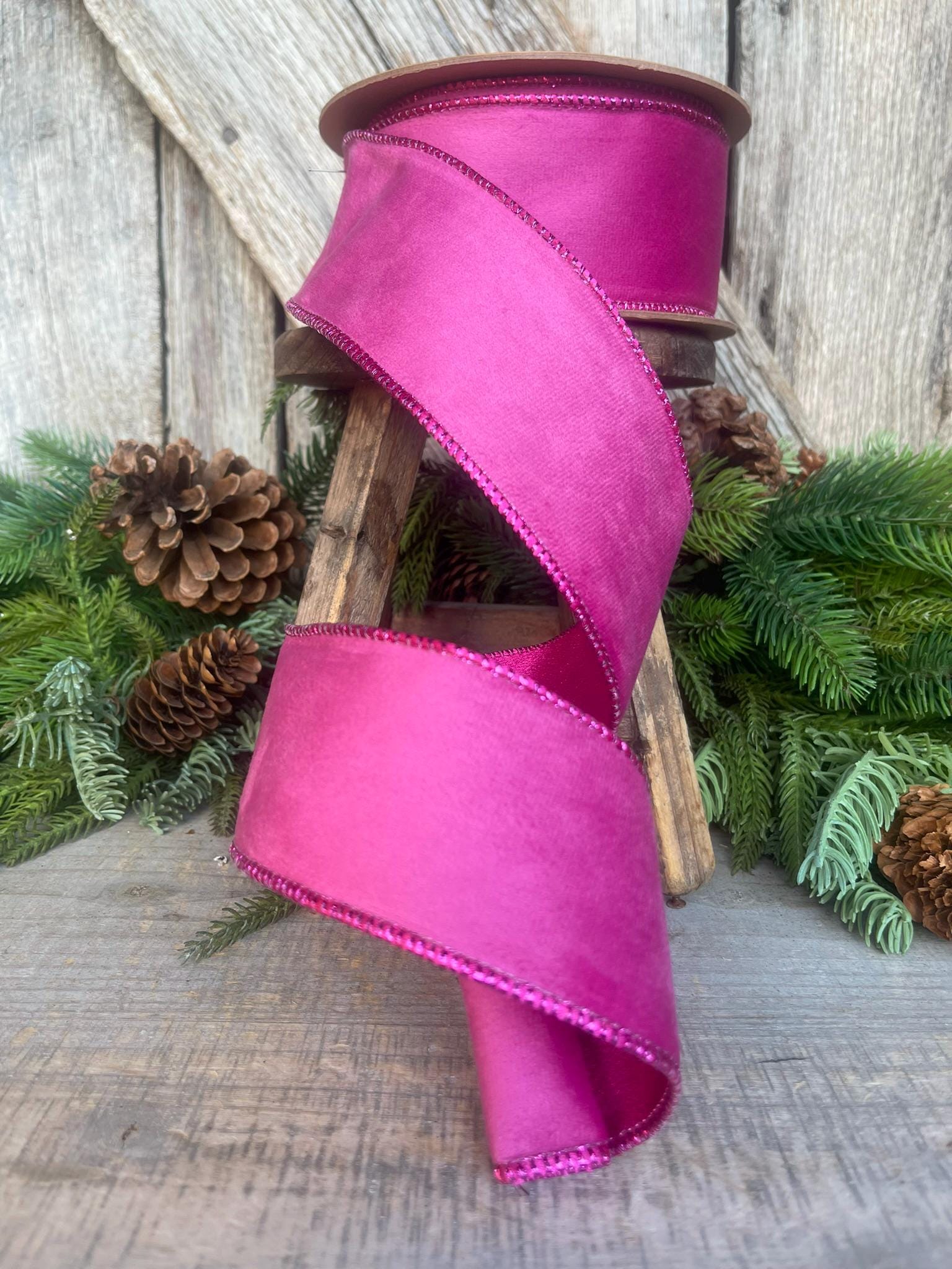 2.5" Hot Pink Velvet Ribbon, Wired Ribbon