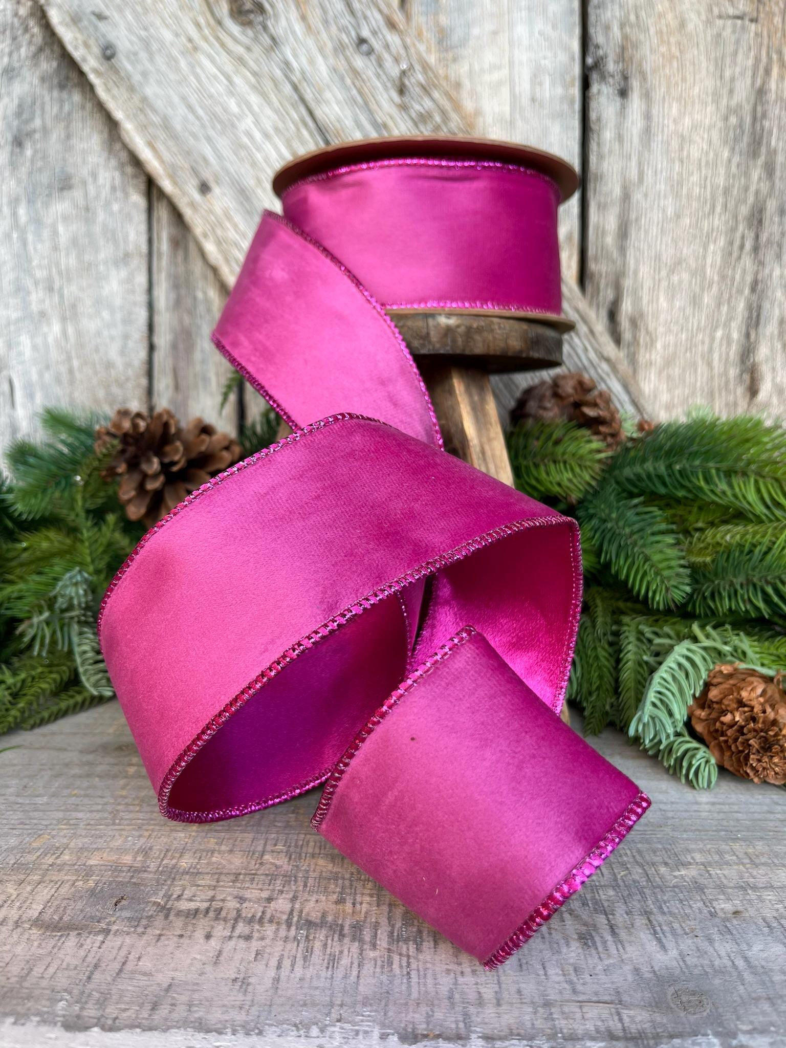 2.5" Hot Pink Velvet Ribbon, Wired Ribbon