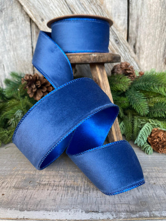 2.5" Blue Velvet Ribbon, Wired Ribbon, Christmas Ribbon, Blue Christmas Velvet, Christmas Tree Ribbon, Blue Ribbon