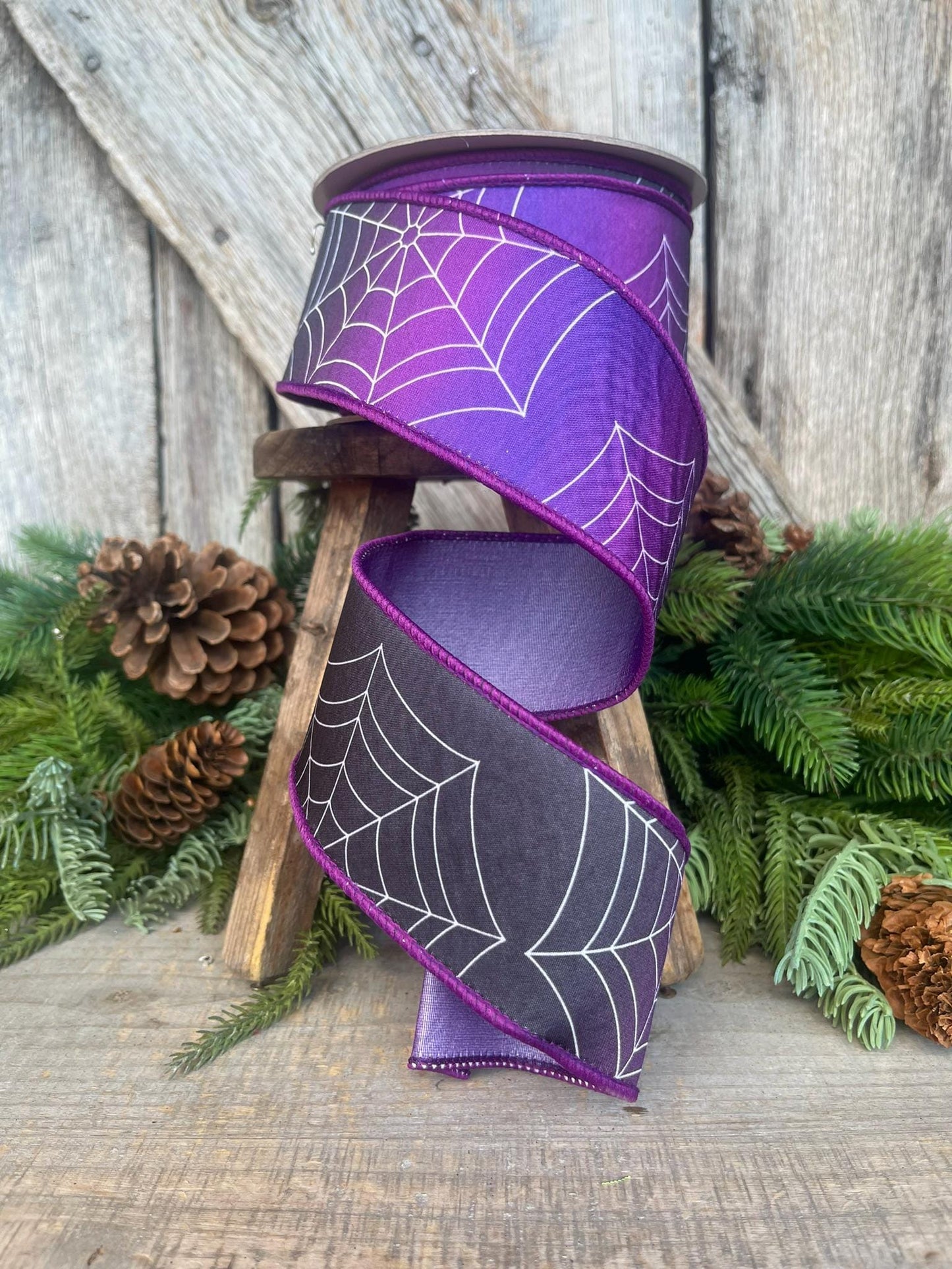 2.5" Purple Spider Web Ribbon, Farrisilk Ribbon, Halloween RIbbon, Halloween Decor, Designer Ribbon, Purple Halloween Ribbon