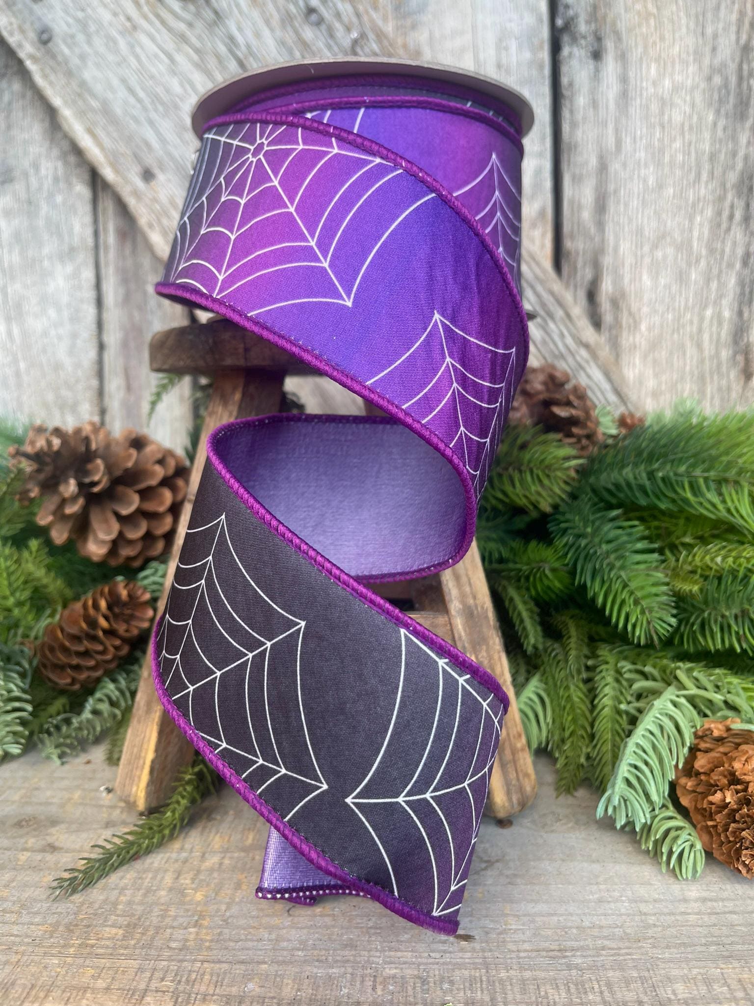 2.5" Purple Spider Web Ribbon, Farrisilk Ribbon, Halloween RIbbon, Halloween Decor, Designer Ribbon, Purple Halloween Ribbon