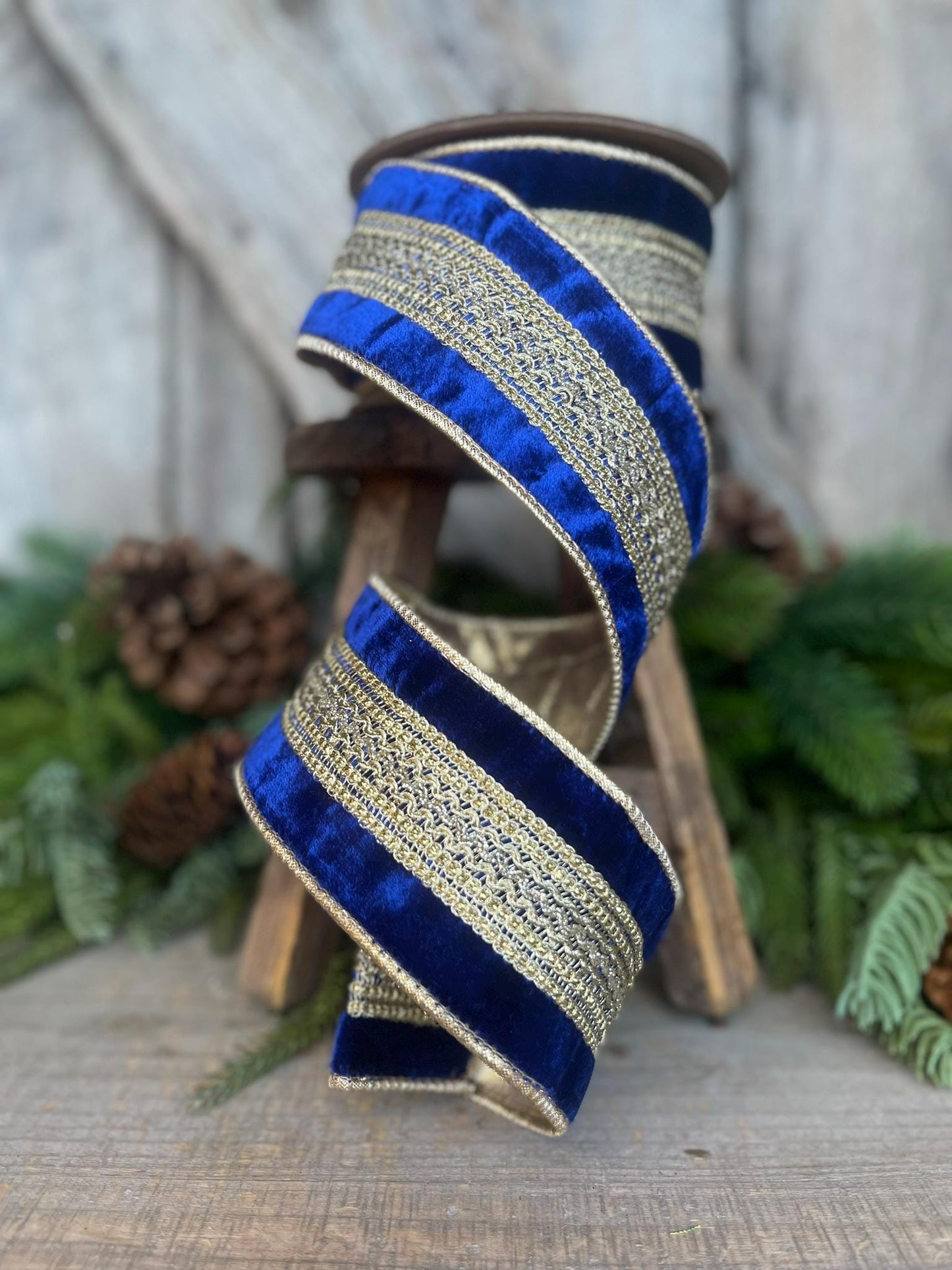 2.5" Blue and Gold Trim Ribbon, Royal Blue Ribbon, Wired Ribbon, Blue Christmas Ribbon, Jeweled RIbbon, Designer Ribbon