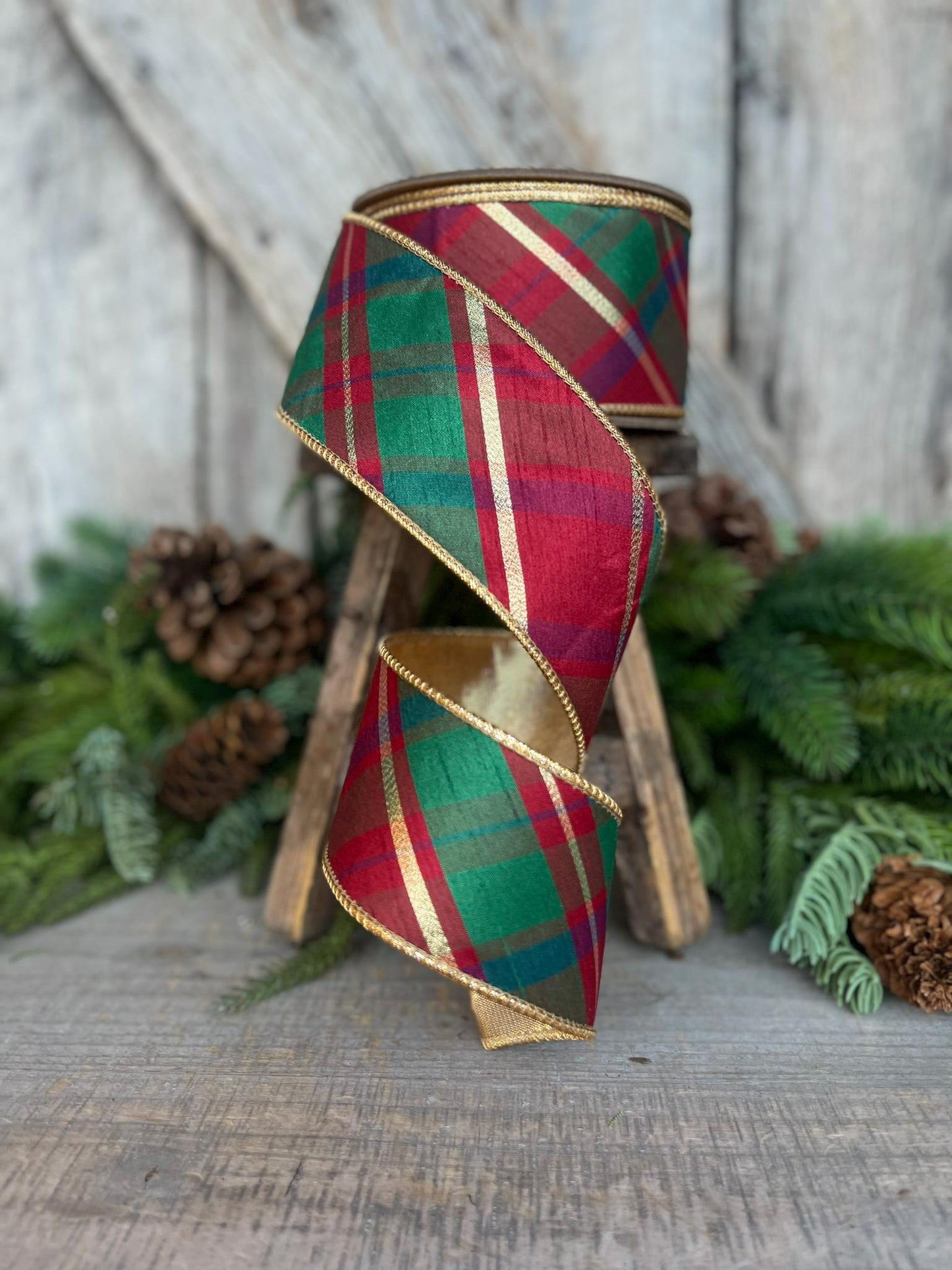 2.5" Christmas Plaid Ribbon, Red Green Gold Plaid Ribbon, Traditional Christmas Ribbon, Wired RIbbon, Classic Christmas Plaid Ribbon