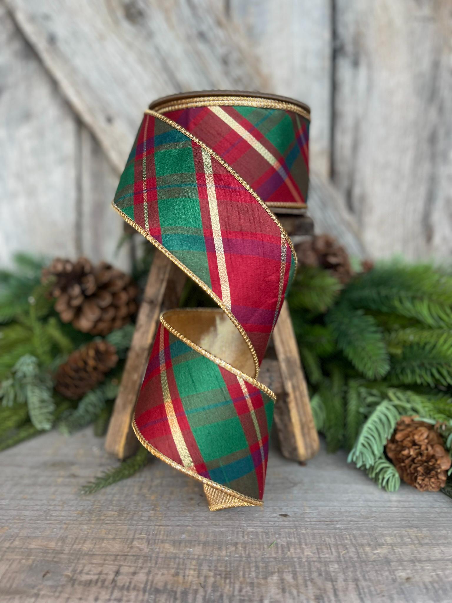 2.5" Christmas Plaid Ribbon, Red Green Gold Plaid Ribbon, Traditional Christmas Ribbon, Wired RIbbon, Classic Christmas Plaid Ribbon